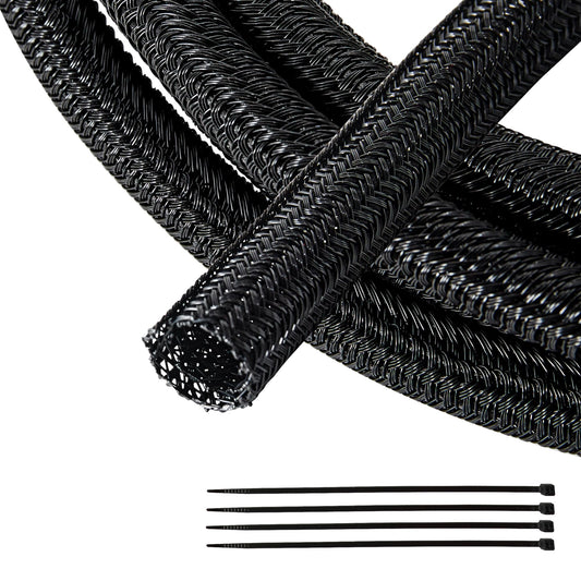 RED WOLF 1/4” x 10FT Cable Sleeves Cord Management Braided Wire Loom Sleeving Protector Wiring Cable Cover Flexible Self-Wrap for Automotive Home Office Anti-Scratch High-Temperature Black
