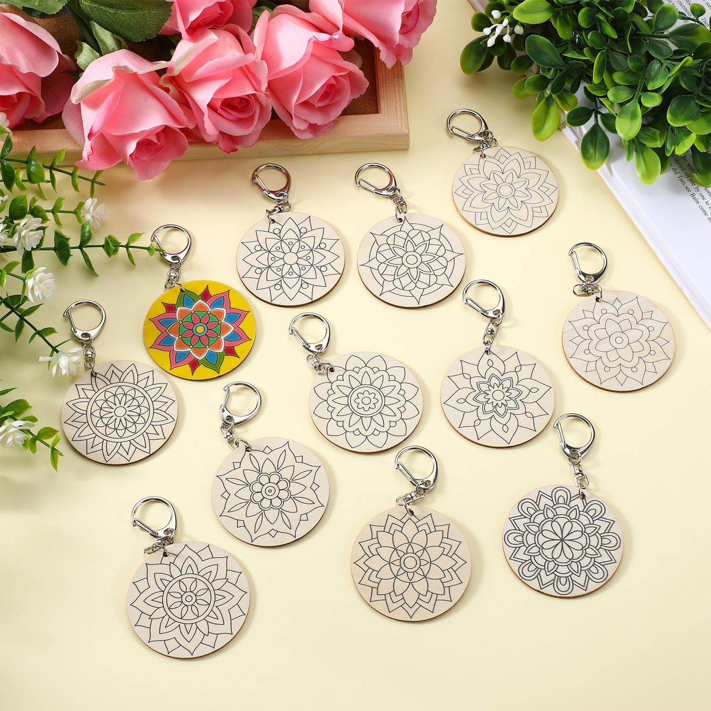 RattanView 24 Pcs Mandala Craft Color Your Own Keychains DIY Craft Wooden Blank Keychains for Sunday School Classroom Home Active Party Favors Gifts, 12 Styles