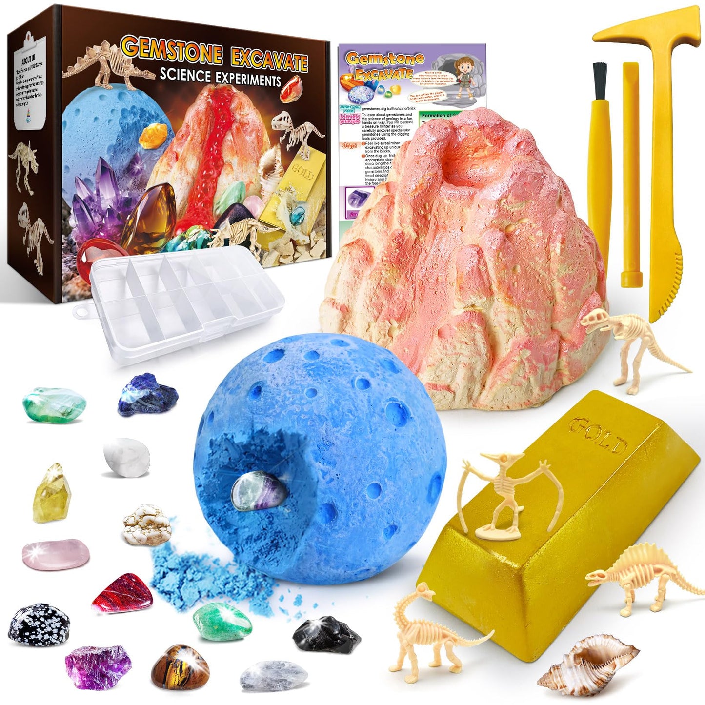 UNGLINGA Gemstone Excavation Gem Rock Dig Science Experiments Kit for Kids, Excavate 15 Gems and 4 Plastic Dinosaur Fossil Skeletons, Christmas Birthday Toys Gifts Idea for Girls and Boys