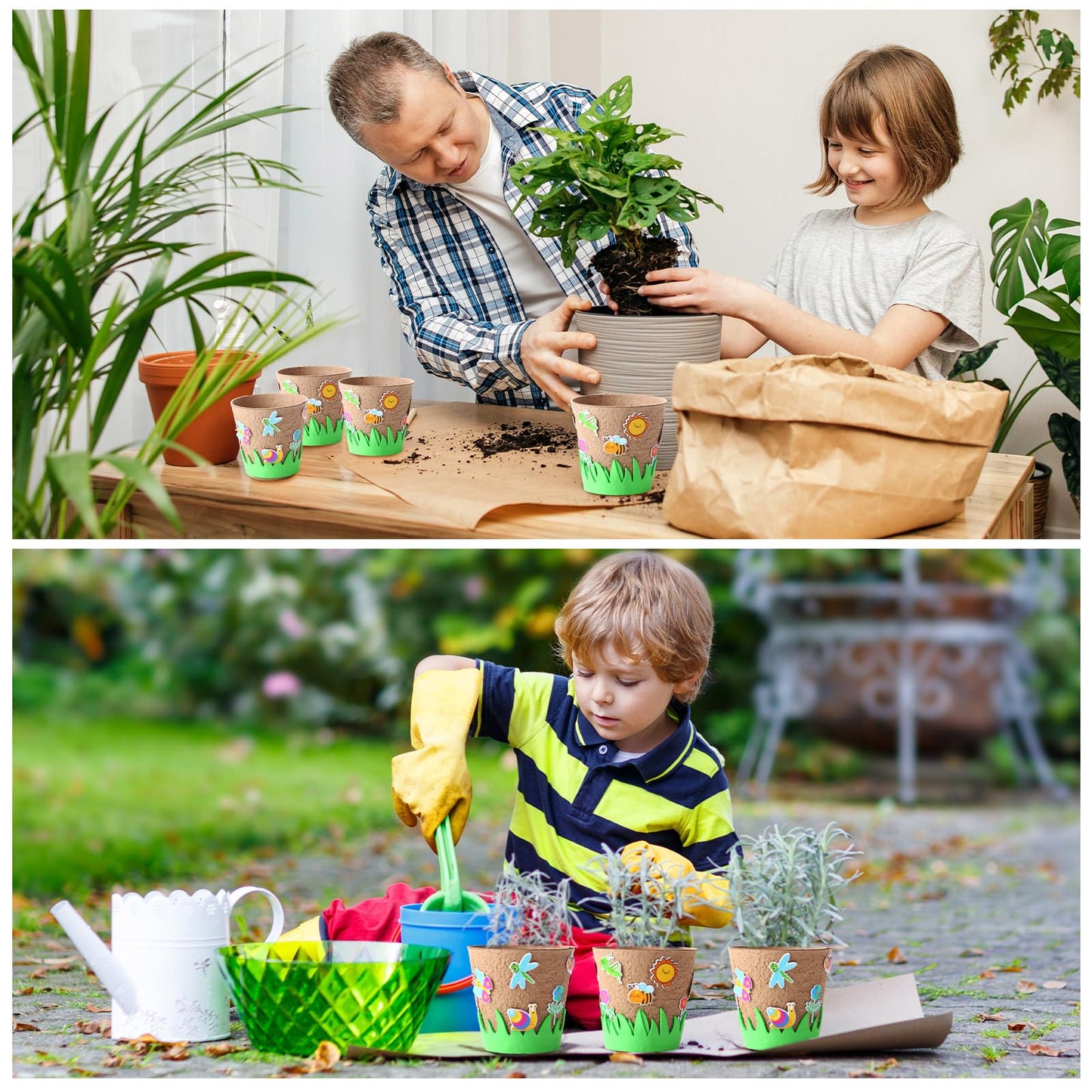 Sunnychicc 72 Pcs 4 Inch Garden Paper Pot Craft Kit Spring Crafts Bulk Including Round Paper Mache Pots Adhesive Foam Sticker EVA Grass Sticker Mother's Day DIY Planting Growing Garden Kit