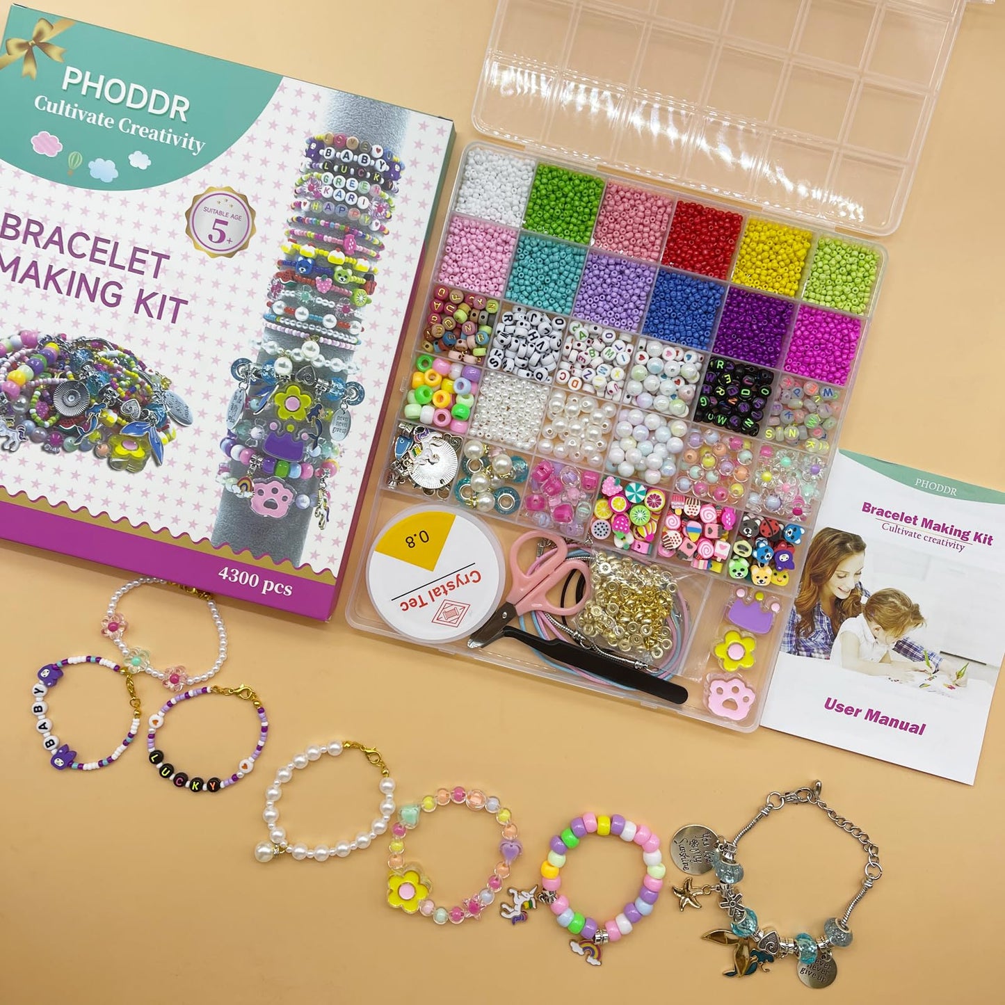 PHODDR Bracelet Making Kit for Girls,4300 piece DIY Jewelry Crafts Set, Including Beads and Pendants, Suitable for Girls Age 5-12 Birthday Gifts