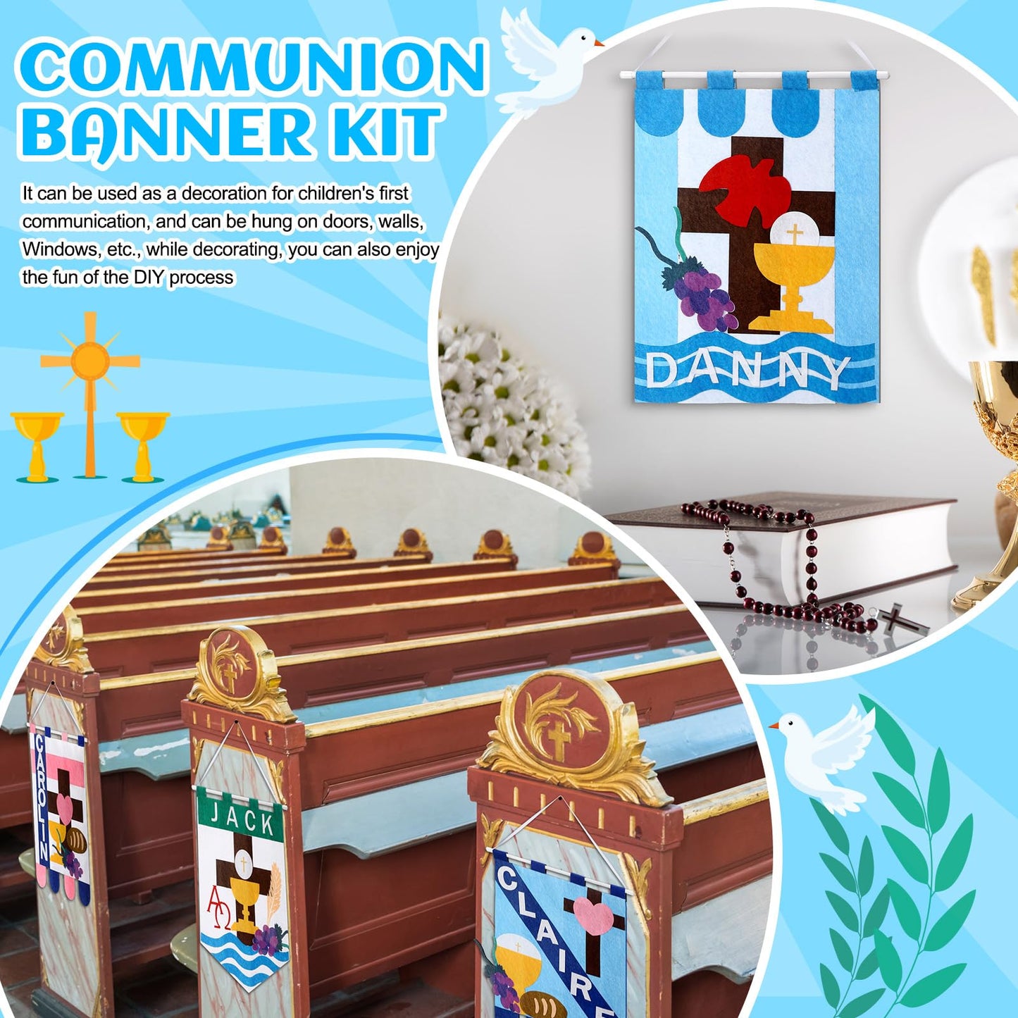 Funtery 4 Sets First Communion Banner Kits 12 x 18 Inches Holy Felt Communion Banner Gifts DIY Catholic Church and Sunday School Crafts Kit Christian Church Decoration