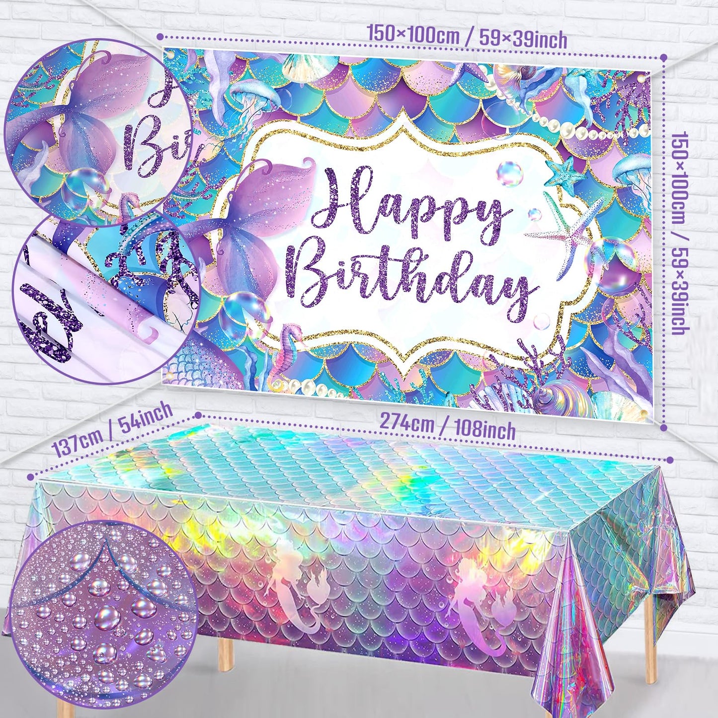 SNLN 139Pcs Mermaid Birthday Party Decorations Supplies for Girl Kid, Mermaid Balloon Arch & Backdrop Tablecloth Fringe Curtain Tail Shell Star Foil Balloon, Princess Themed Mermaids Party Decoration