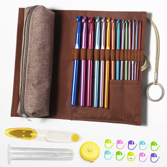 YOJOB Traditional 14 Sizes Crochet Hooks Kit, Super Smooth Crochet Needle for Beginners or Advanced (Coffee)