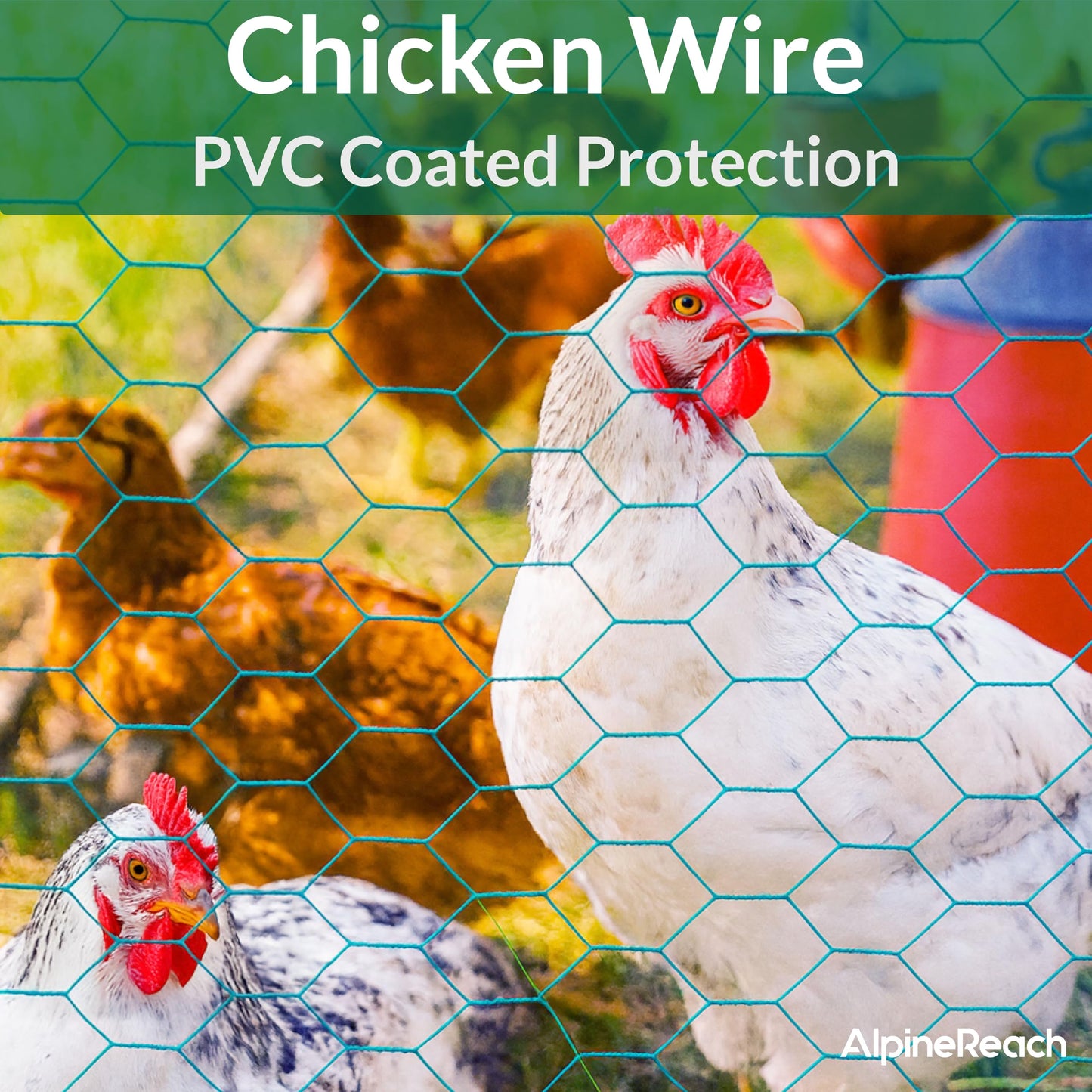 AlpineReach Chicken Wire 1.3ft x 13.5ft Fencing for Poultry, Crafts, Floral Arrangements, Zip Ties - Green Mesh Roll Galvanized Hexagonal PVC Coated Garden Netting for Gardening Fence (15.6" x 162")