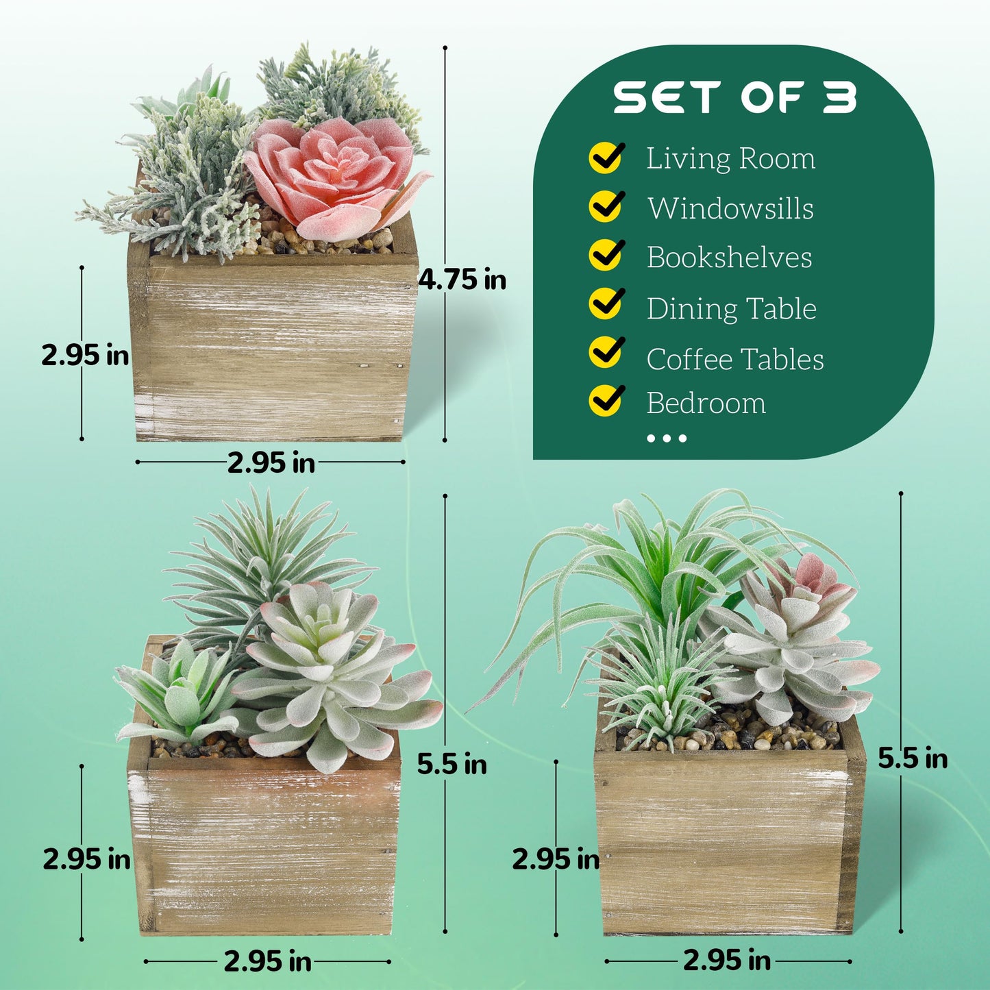 Der Rose Set of 3 Succulents Plants Artificial Fake Plants in Wood Pots with Pink Fake Flowers for Farmhouse Bathroom Desk Sheif Decor