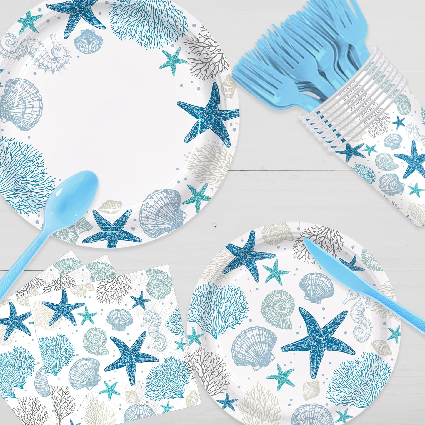 Vellumvibe 168pcs Coastal Beach Paper Plate Napkin Blue Starfish Seashell Party Supplies Disposable Tableware Set for Summer Ocean Birthday Party Decorations Serve 24 Guests