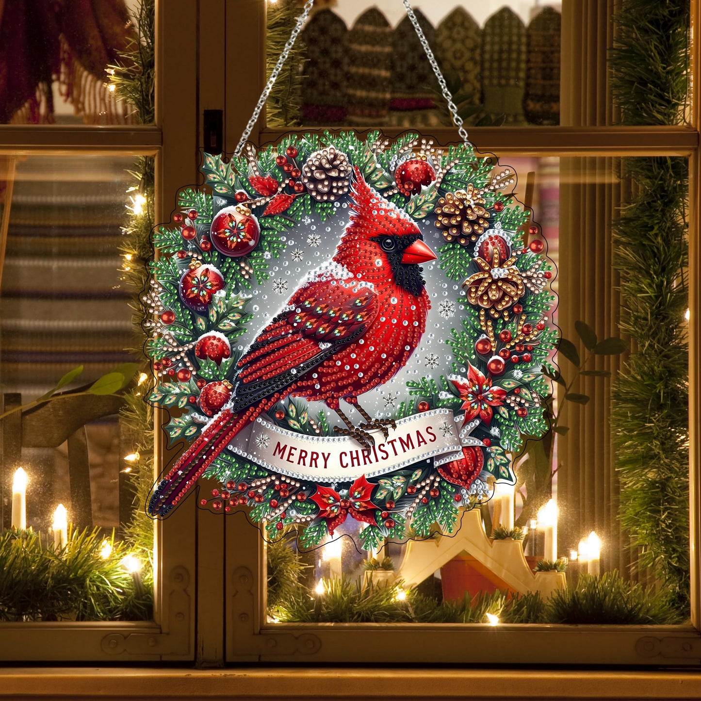 JJFox Diamond Art Hanging Kit for Adult,Special Shaped Rhinestone,DIY Acrylic 5D Diamond Art Painting Window Pendants Home Garden Wall Hanging Kits Hanging Ornament,Double Sided. (Christmas Cardinal)