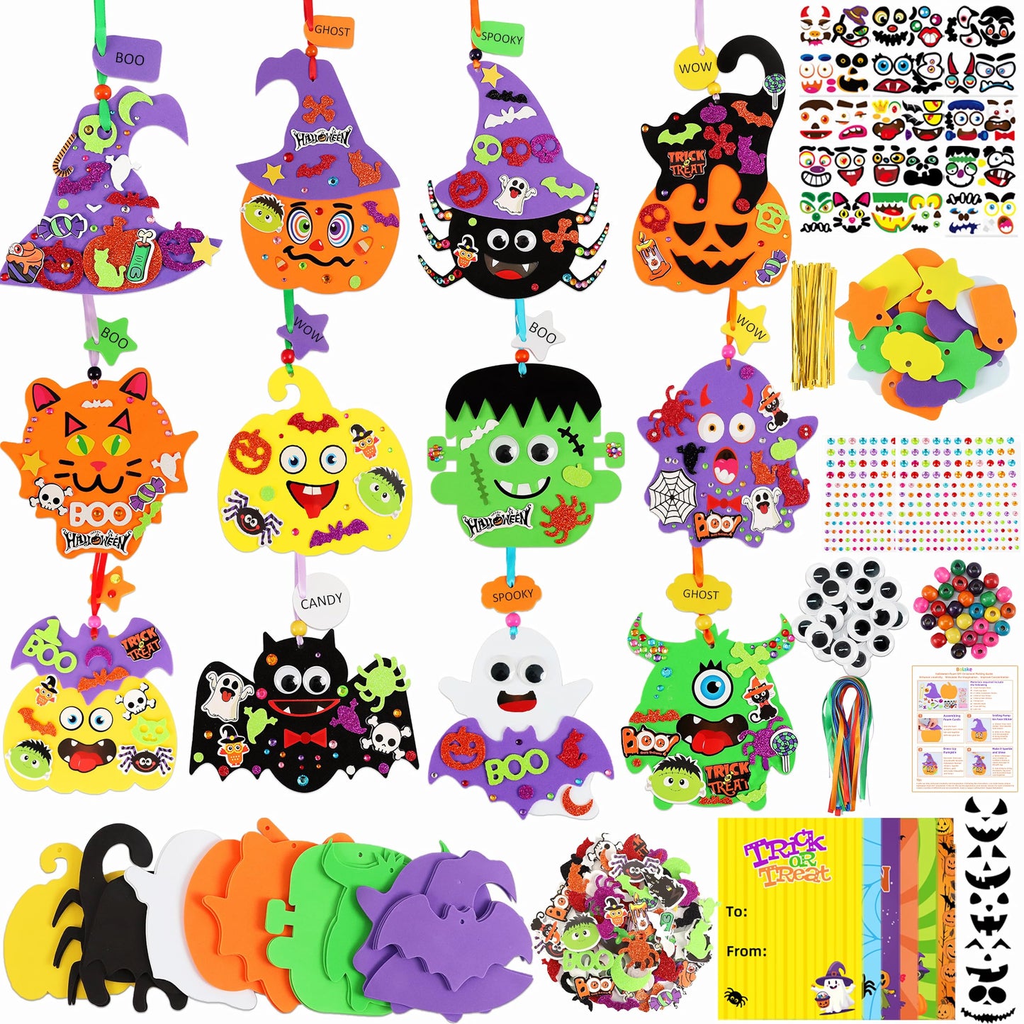 380Pcs Halloween Crafts for Kits 24 Sets Funny Halloween Arts and Crafts for Kids Include 34 Foam Cards 210 Glitter Stickers and All Accessories Included for Kids Adults Halloweens Party Favors