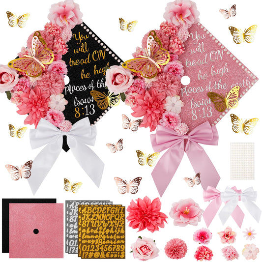 68 Pcs Pink DIY Graduation Cap Decorations Accessory Kit 3D Artificial Flowers Pink White Bows Butterfly Glitter Alphabet Number Pearl Stickers for DIY Hat Grad Cap Topper Graduation Party Supplies