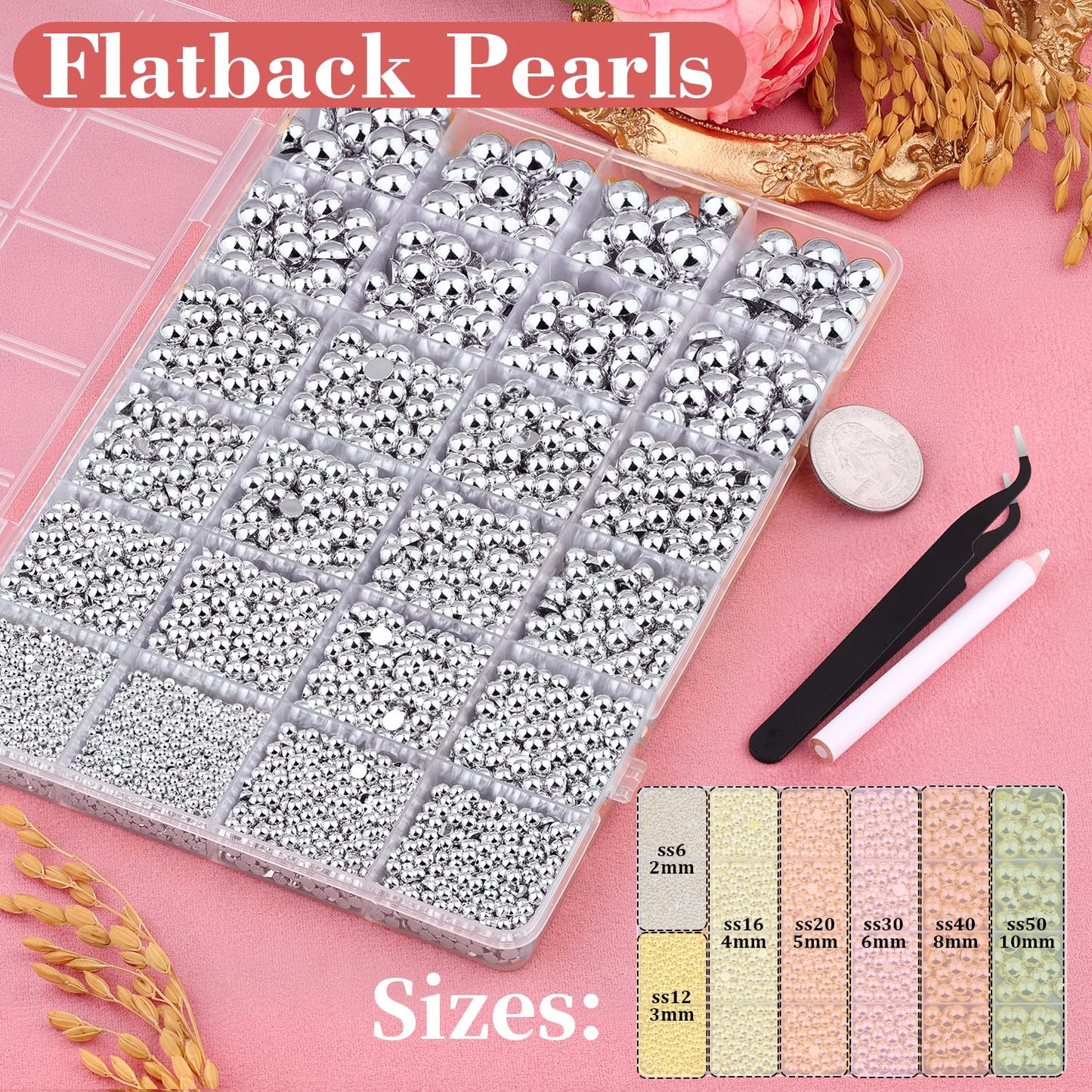 11000Pcs Flatback Pearls for Crafting(Silver), Assorted Size 2/3/4/5/6/8/10mm Half Pearl with 3Pcs 10ml B7000 Jewelry Glue, Bedazzling Bead for Crafts Clothing Tumblers Shoes Embellishment Nail Art