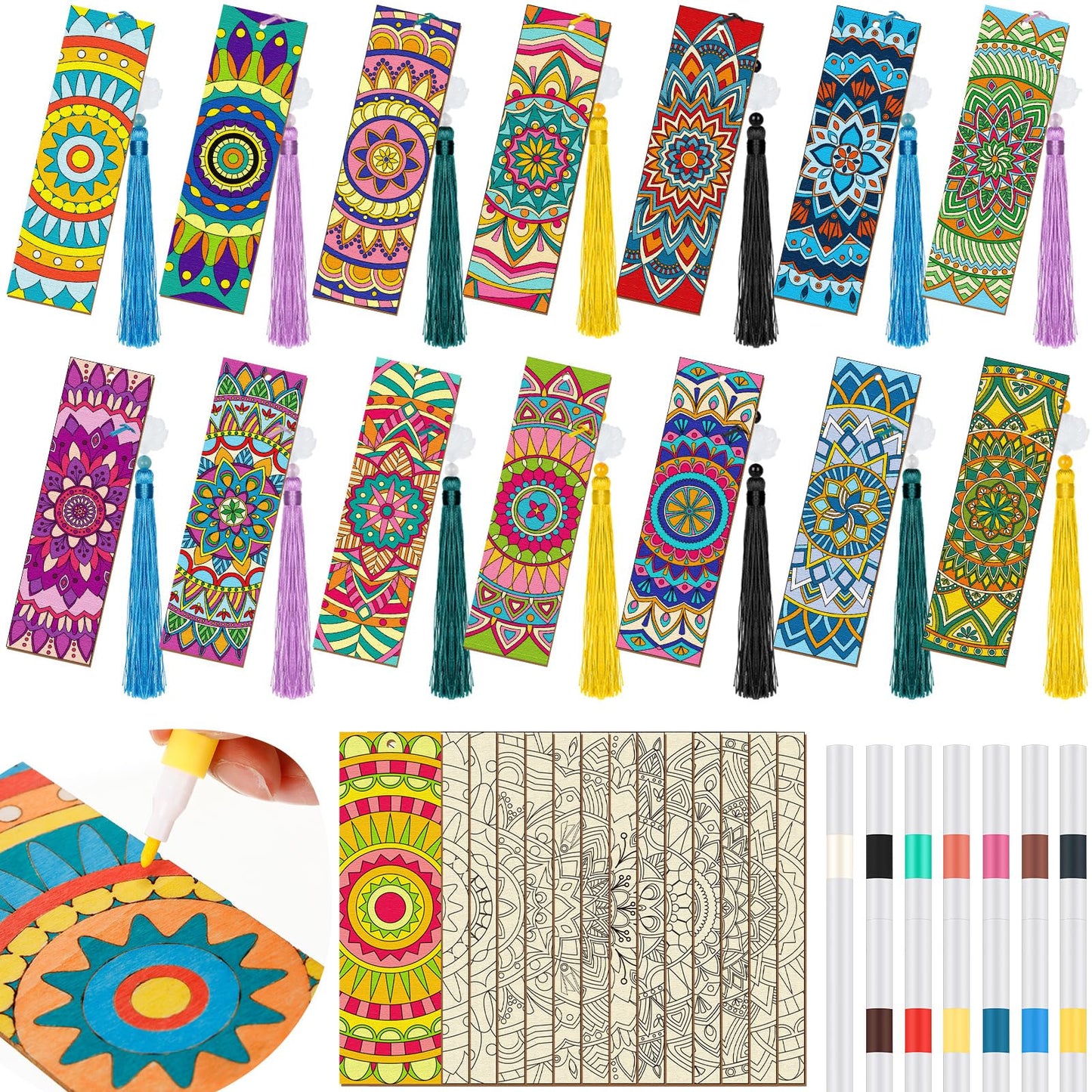 Reallnaive 42 Pcs Wooden Mandala Bookmarks DIY Painting Set Includes 15 Unfinished Blank Bookmarks 15 Tassels 12 Markers, for Mandala Gift Arts Craft Party for Adults Hobby
