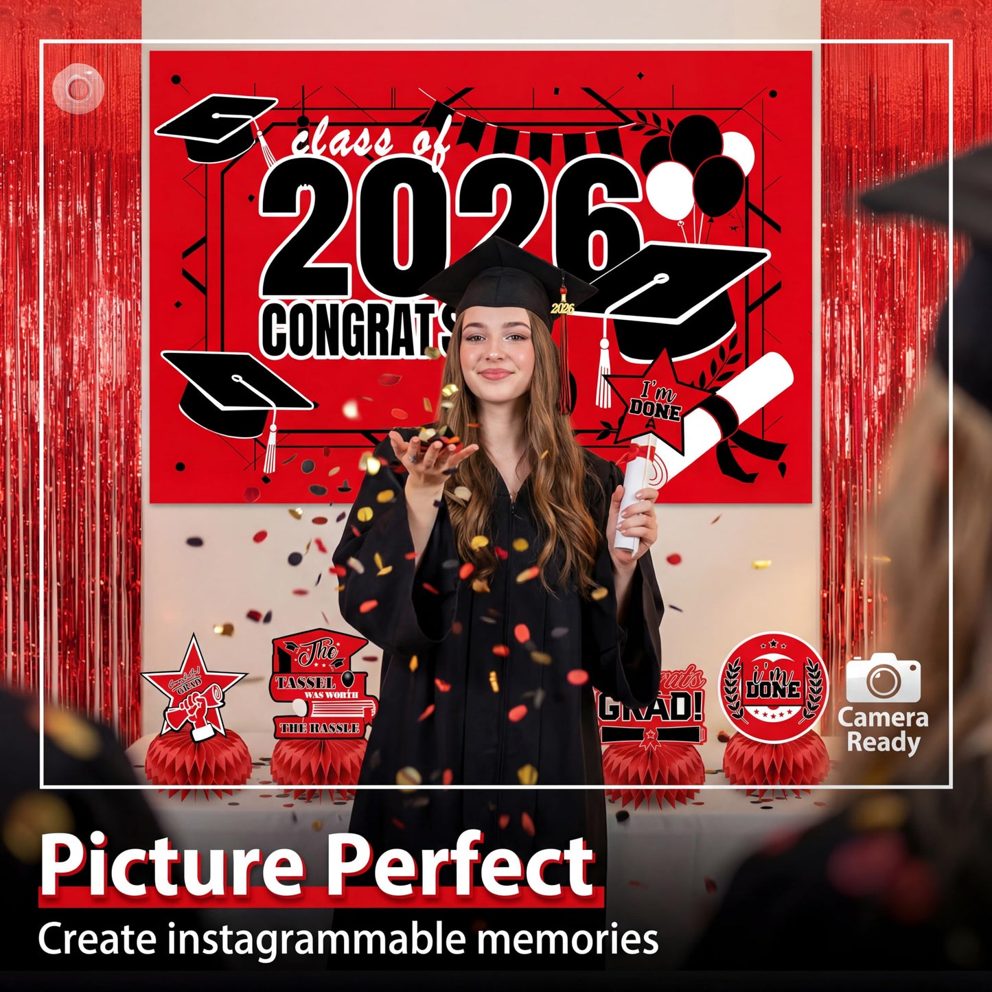 Graduation Party Decorations 2026–Black Red Grad Banner, Class of Backdrop, Balloons, Fringe Curtains and Foil Balloon, Streamers Kit–Complete Graduation for High School & College Celebrations (Red)
