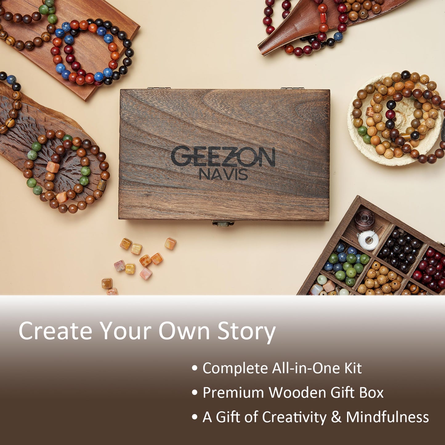 Geezon Navis Bracelet Making Kit - 10mm Natural Wooden Beads with Letters & Stone Beads - 296pcs in 16 Colors - DIY Jewelry Making Starter Kit Adult Men Women Birthday Gift Craft