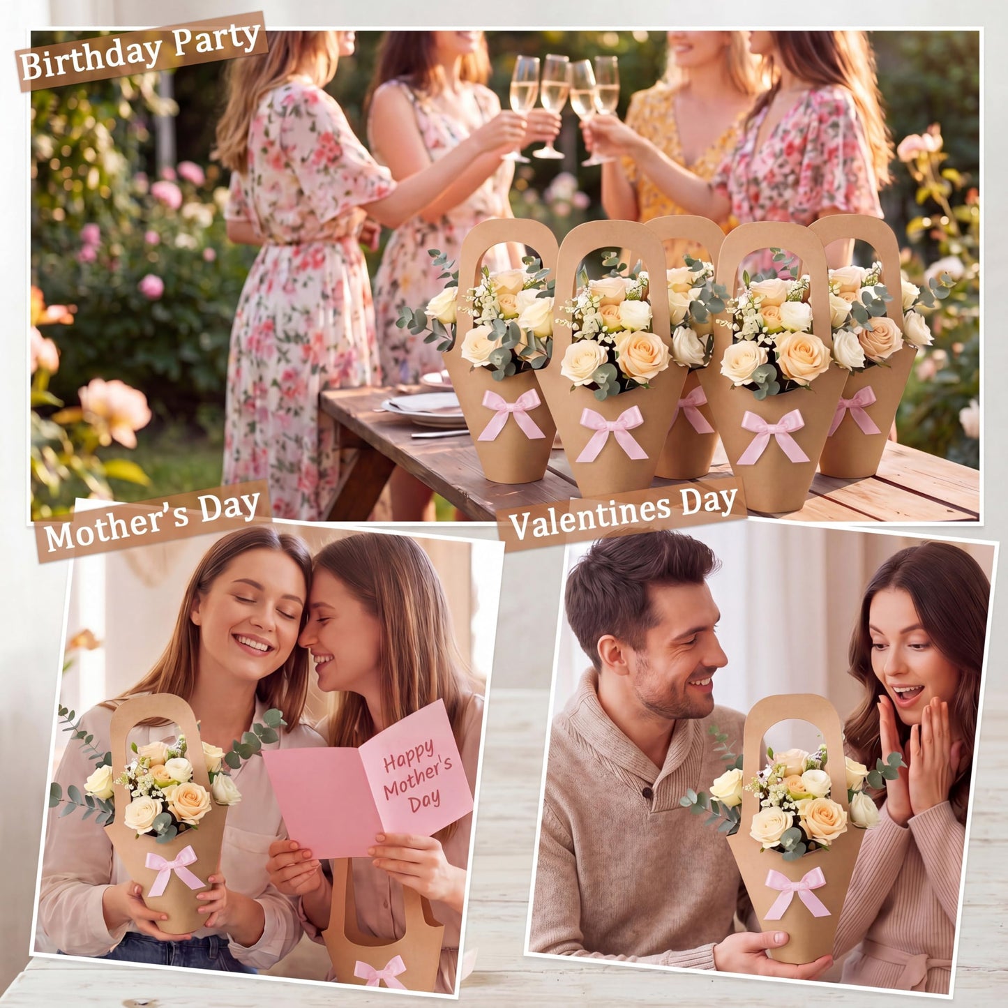 Mooliwe 20 Pcs Wedding Flower Bouquet Holder with Bow Flower Paper Gift Bags with Handles Kraft Packaging Wrap Bags for Florist Wedding Birthday Baby Shower Small Business Party Decor