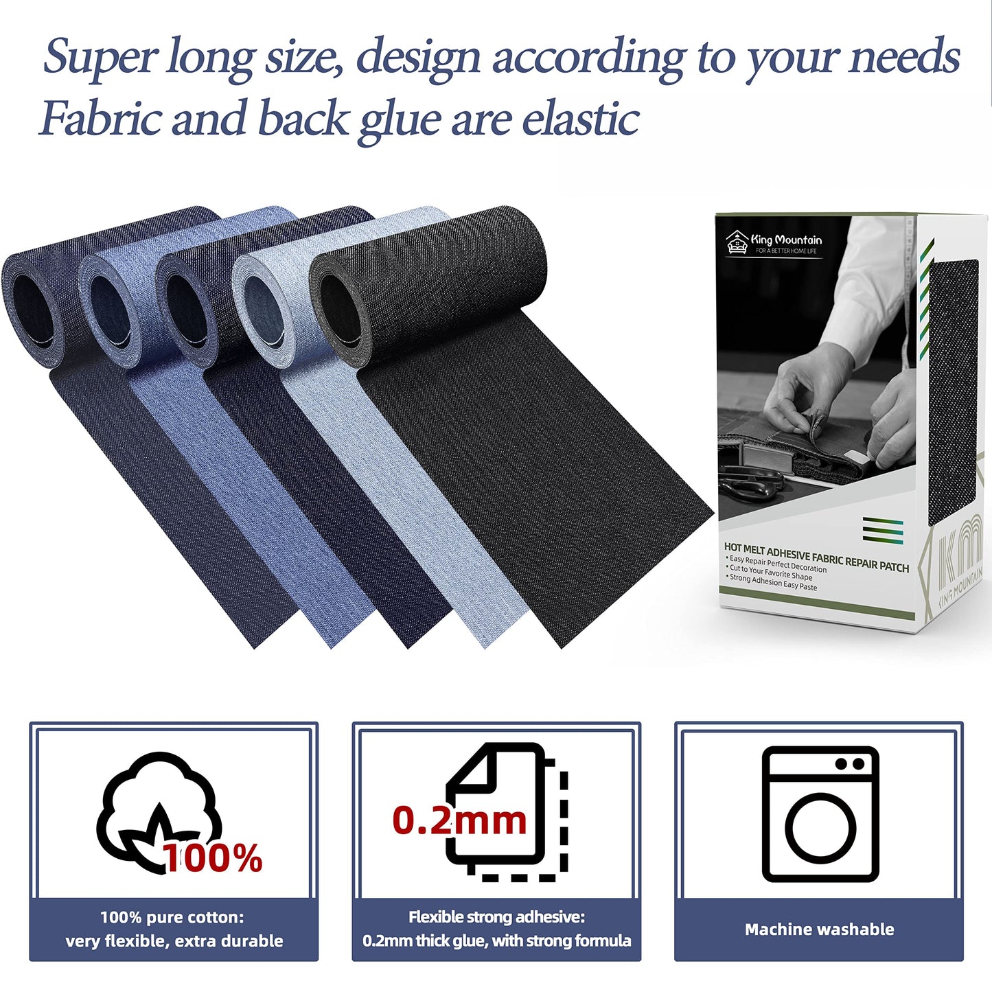 KING MOUNTAIN Iron-on Repair Patch,3"x60"100% Cotton Denim Iron-on Repair Patch, Jeans and Clothing Repair and Decoration Kit (Black)