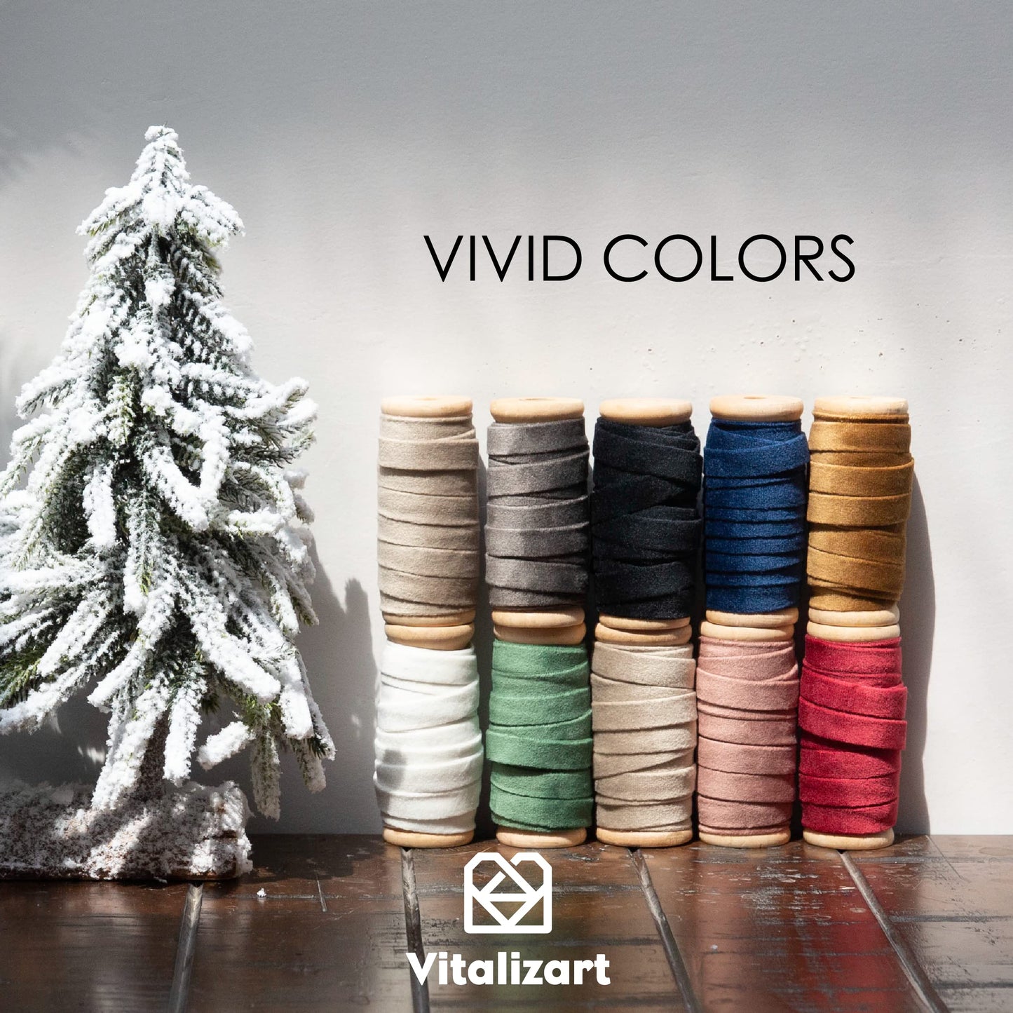 Vitalizart Green Velvet Ribbon Set 3/8" x 15 Yd Wooden Spool Fabric Trim 3 Rolls * 5 Yd for Christmas Wreath Decoration Handmade Craft Ornaments Gift Wrapping & Bow Making