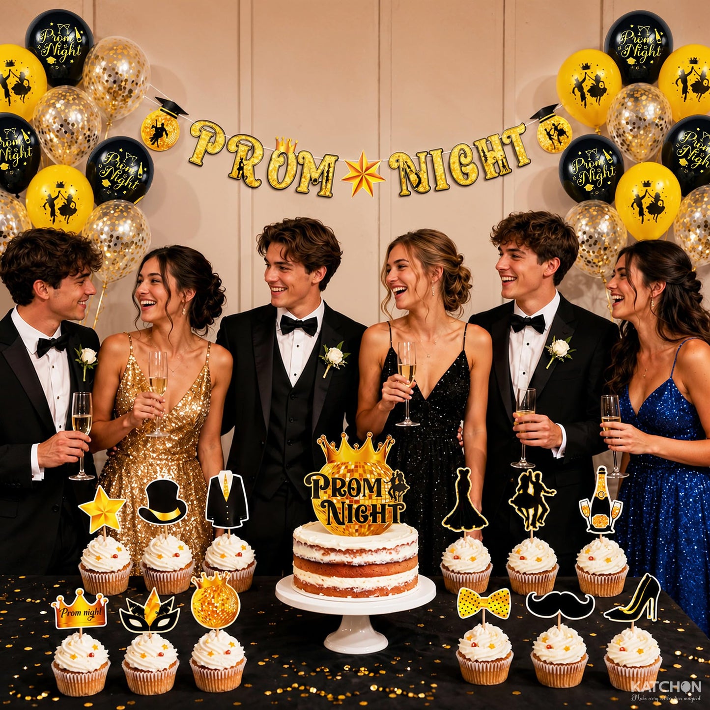 KatchOn, Prom Night Decorations 2026 - Black and Gold Balloons, Pack of 31 | Prom Night Banner, Latex Balloons and Cupcake Toppers | Black and Gold Prom Decorations, Prom Party Supplies