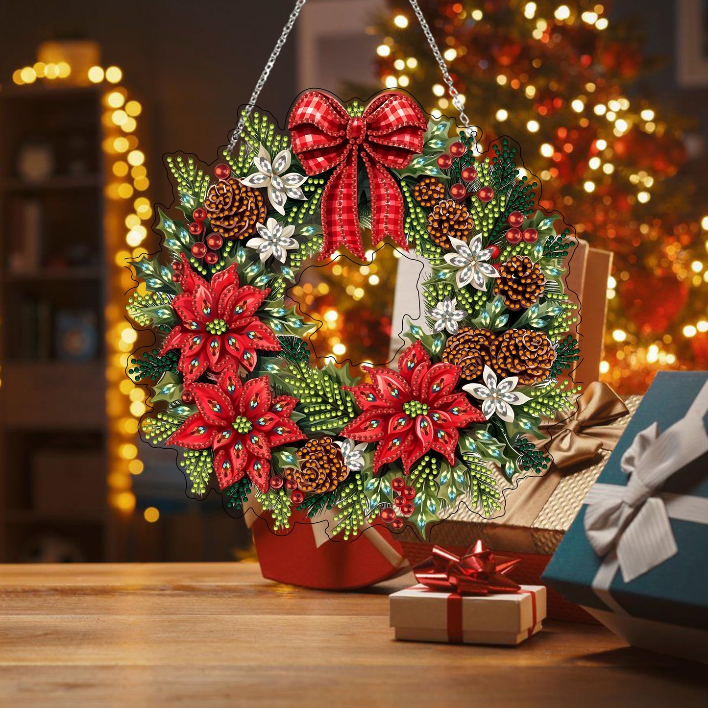 Diamond Art Hanging Kit for Adult,Special Shaped Rhinestone,DIY Acrylic Diamond Art Painting Window Pendants Home Garden Wall Hanging Kits Hanging Ornament,Double Sided. (Christmas Wreath)