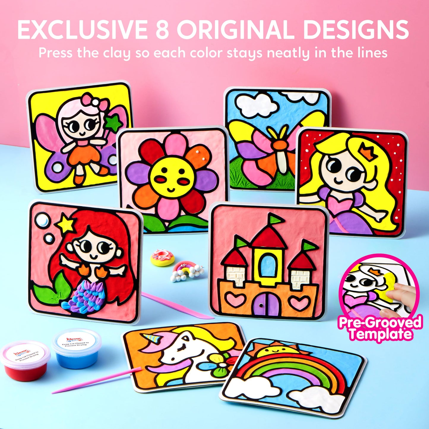 JOVA Klever Kits Air Dry Clay Painting, Air Clay Kit for Kids, 8 Pre-grooved Filling and Original Designed Boards, Easy Play and Non Toxic Material, Arts and Crafts for Kids Age 4-9