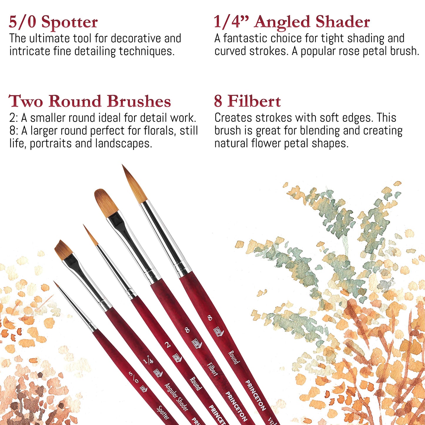 Princeton Velvetouch Series 3950 - 5pc Professional Paint Brushes for Acrylic Painting - Oil, Watercolor & Acrylic Paint Brushes Set - Spotter 5/0, Angle Shader ¼”, Round 8, Filbert 8, Round 2