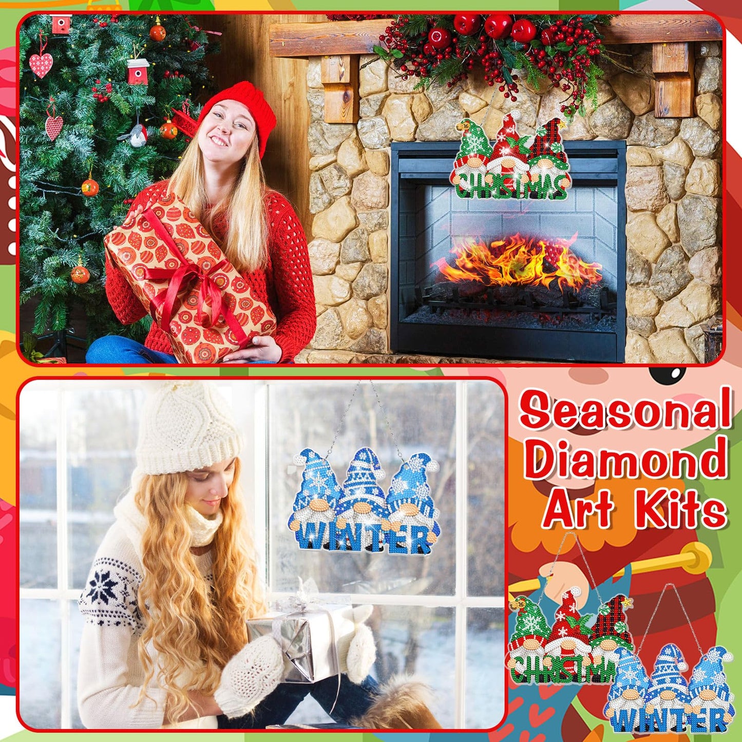 GlikCeil Gnomes 12 Pcs Seasonal Diamond Art Hanging Ornaments 5d DIY Diamond Painting Wreath Kits for Wall Door Decor Holiday Year-Round Seasonal Signs for Home Decoration