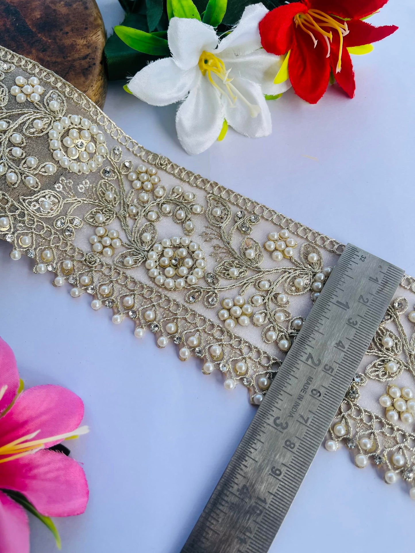 Luxury Pearl Embellished Lace Trim, 3 Inch Wide, Beaded Floral Pattern, Champagne Gold with Faux Pearls, Wedding Dress Decoration, Available in 1, 3 and 6 Yard (1)