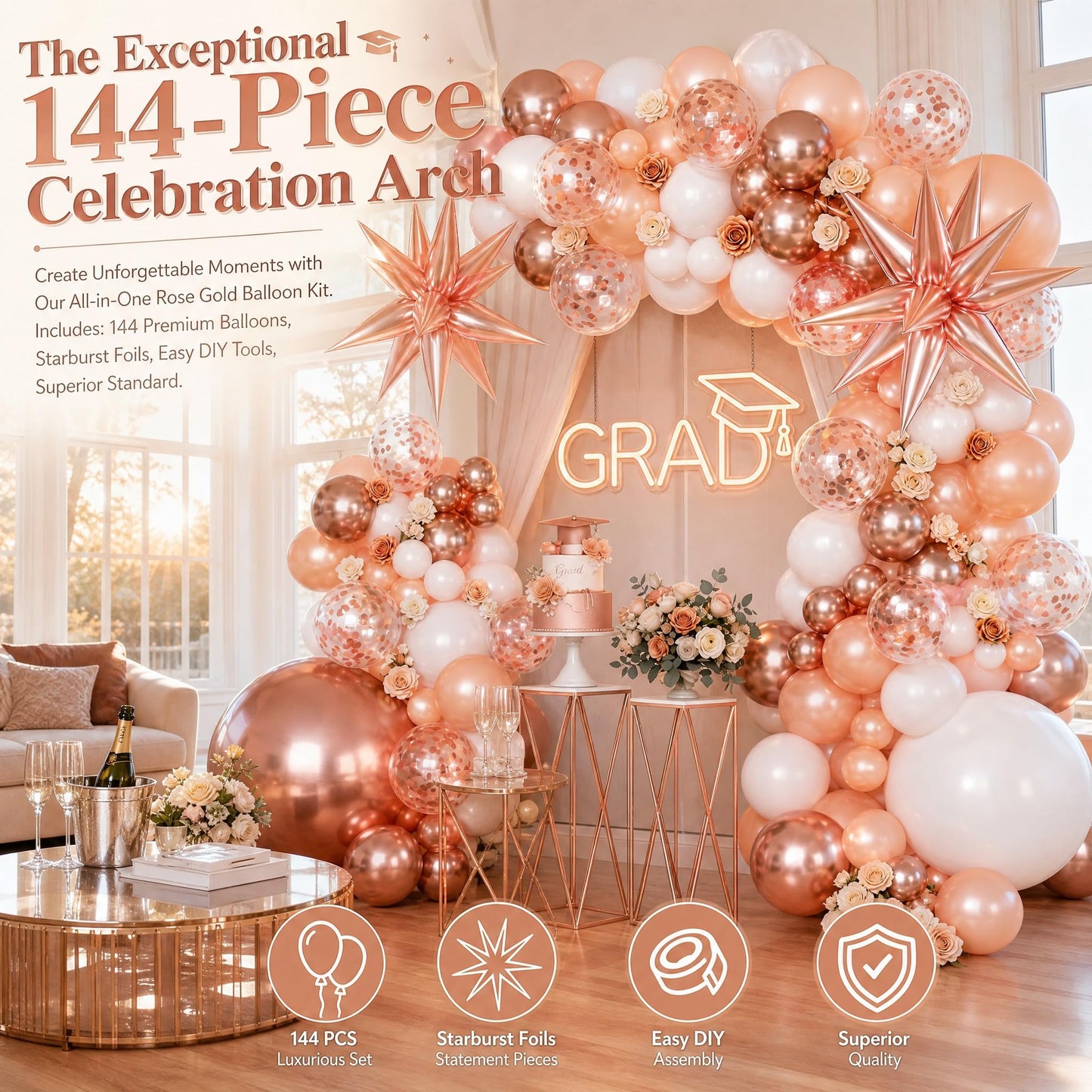 KARLURE Rose Gold Balloons Arch Kit Garland with Metallic Rose Gold Confetti Balloons for 2026 Graduation Decorations Prom Bridal Shower Birthday Baby Shower Wedding Anniversary Party Decorations