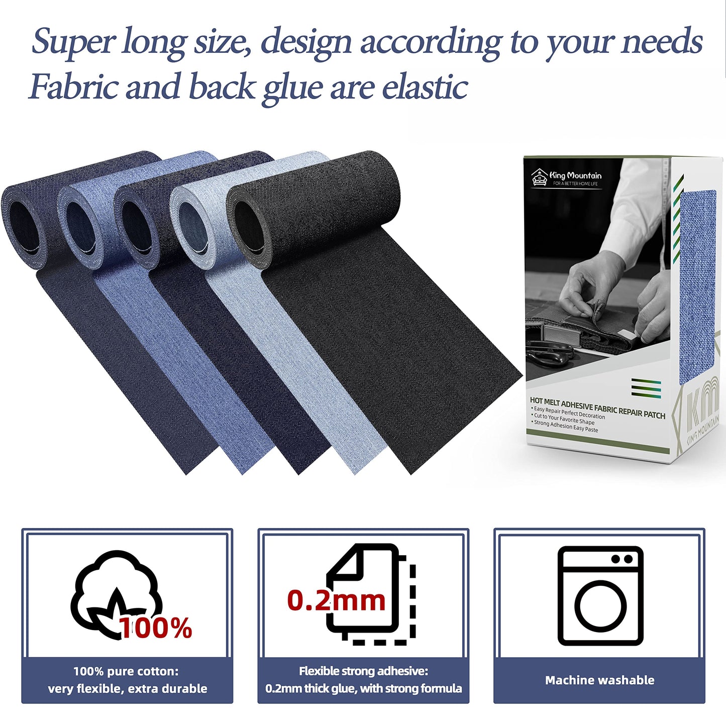 KING MOUNTAIN Iron-on Repair Patch,3"x60"100% Cotton Denim Iron-on Repair Patch, Jeans and Clothing Repair and Decoration Kit (Sky Blue)