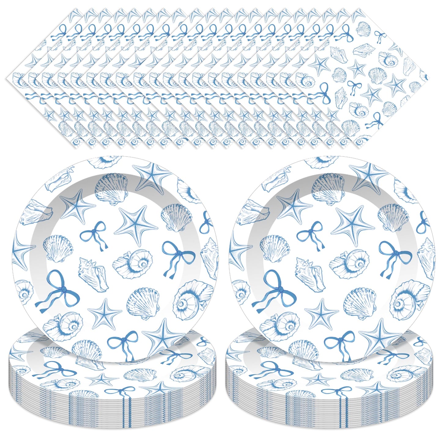 Jisfigtrh 60PCS Blue Bow Seashell Tableware Kit 7" Under The Sea Dinner Plates Ocean Dessert Plates Beach Starfish Seashell Party Supplies for Kids Girls Boys Birthday Graduation Events