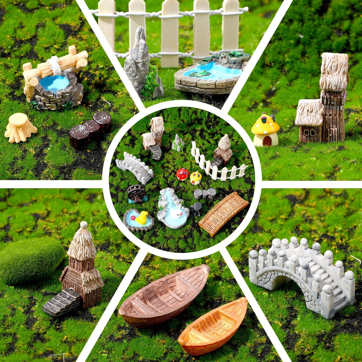 BrightRow 56 Pcs Fairy Garden Miniatures Accessories Bulk Miniature Nature Village Theme Fairy Garden Supplies for Outdoor Mini Bridge House Landscape Water Well Ornament for DIY Craft Succulent Decor