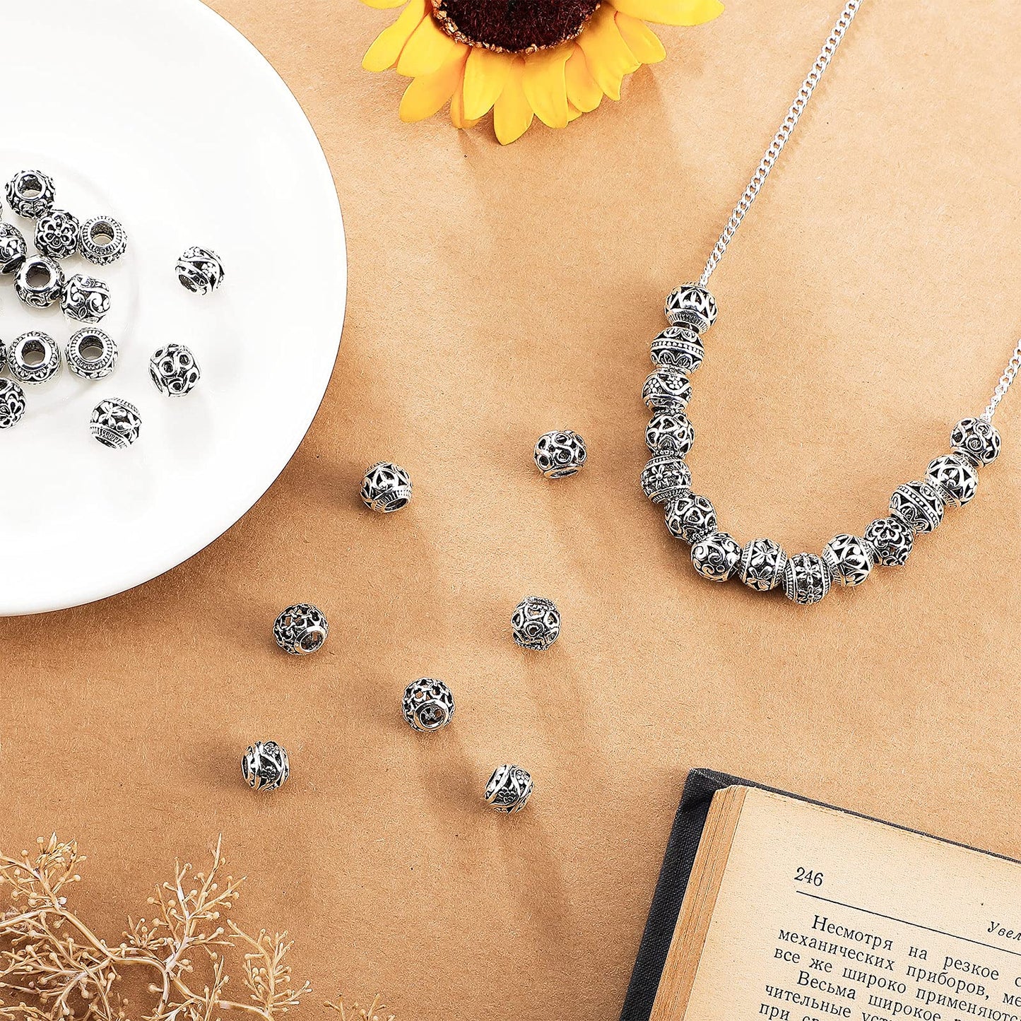 Hicarer 60 Pieces Silver Tone Spacer Loose Beads Hollow Filigree Tibetan Alloy Beads Spacer 10 mm Tiny Metal for Life Design DIY Jewelry Craft Making Necklace Bracelet Supplies
