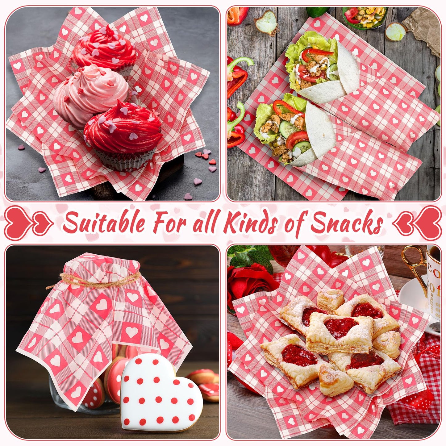 Honeydak 150 Pieces Valentines Wax Paper Sheets Heart Decorative Parchment Sheets Food Basket Liner Greaseproof Paper Liners for Baking Valentines Day Party Favors(Pink Plaid Heart)