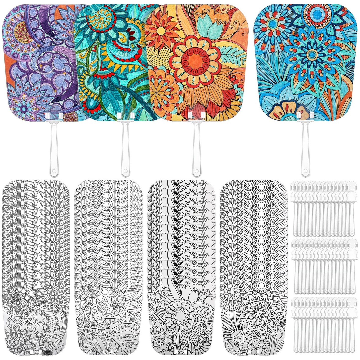 Geelin 48 Pcs Mandala Painting Art Kit Handheld Fan Set Including Fan and Handle 4 Styles DIY Painting Paper Fans for Christmas Crafting Birthday Supplies Outdoor Games Holiday Party Decor