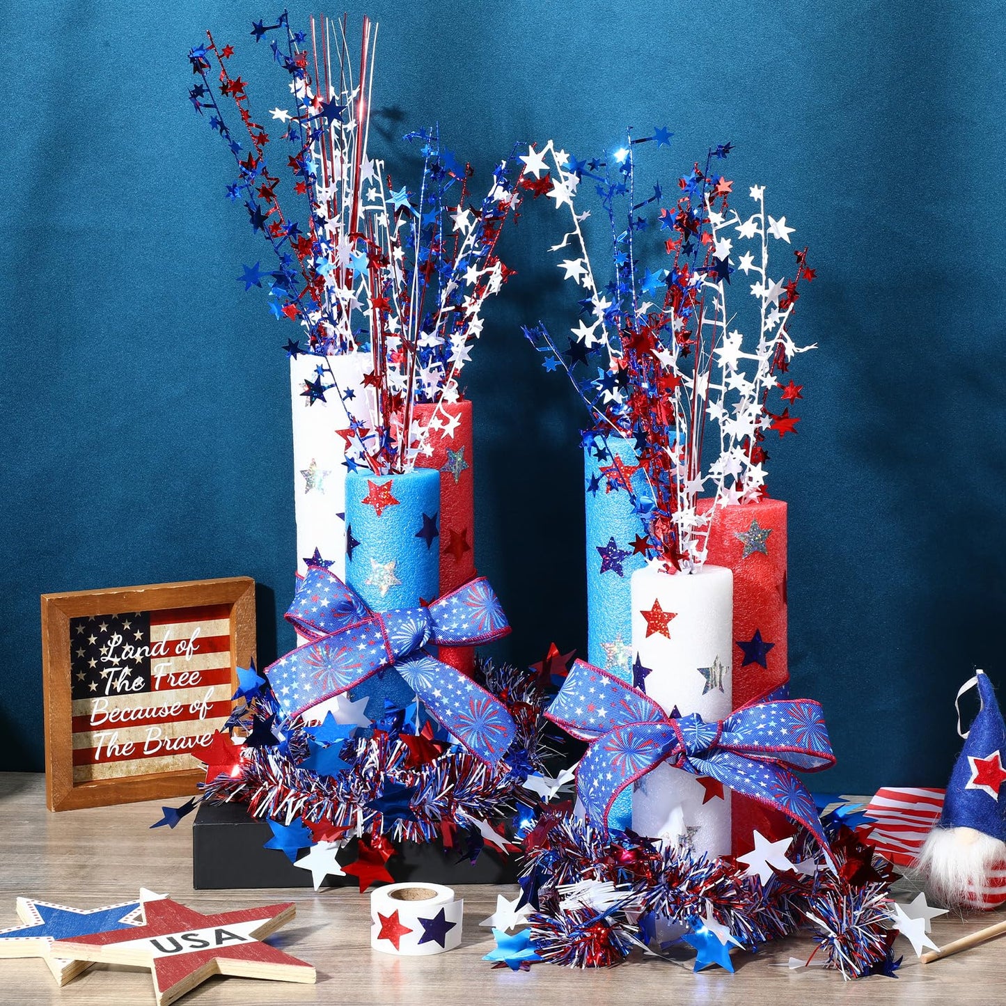 Maasechs 4th of July Foam Firecracker DIY Kits Patriotic Decorations Include Red White Blue Foam Noodles Stars Branches Sticker Ribbon Tinsel Garland for Independence Day Memorial Day Home Party Decor