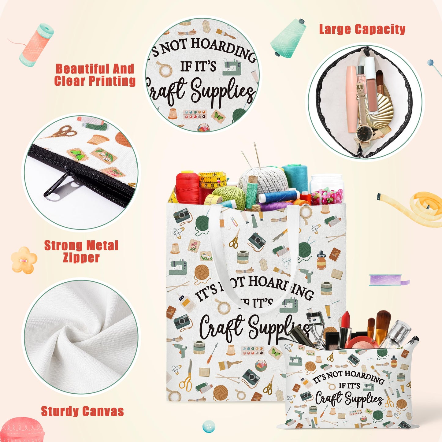 Y1tvei Crafter Canvas Bag Set - 2Pcs It's Not Hoarding If It's Craft Supplies Canvas Tote Bag Makeup Pouch, Craft Reusable Grocery Shopping Handbag Gift for Crafting Sewing Lover Birthday Party Favors