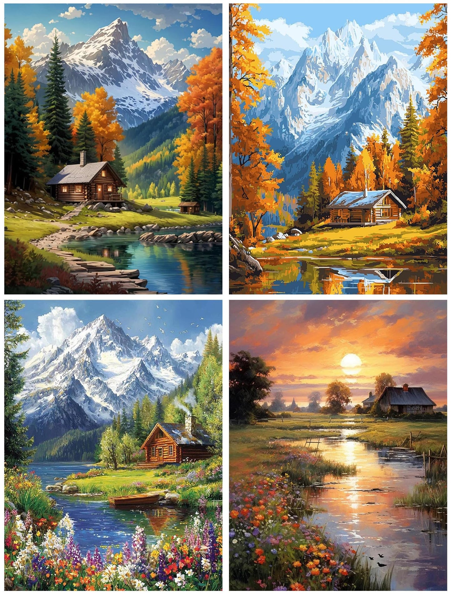 mrpwnle 4 Pack Paint by Numbers for Adults Mountain Cabin Lake Sunset Landscape DIY Oil Painting Kit on Canvas Easy Painting by Numbers for Adults Beginners Wall Art Decor Gifts 12x16 Inch