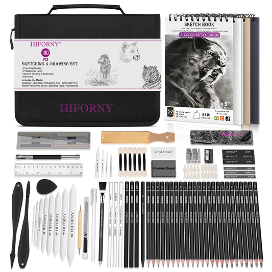 HIFORNY 100 PCS Drawing Set Sketching Kit,Sketch Pencils Art Supplies with Graphite,Charcoal,Blending Tools & Accessories,Portable Zippered Travel Case for Artists & Beginners