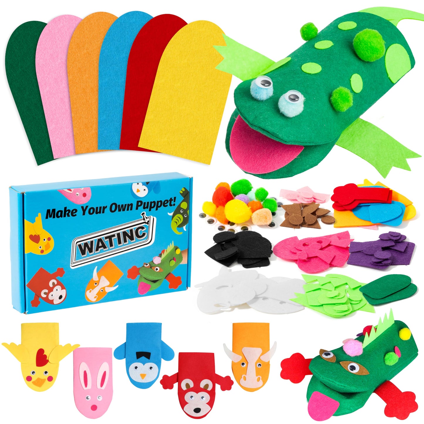 WATINC 6Pcs Hand Puppet Making Kit, Art Craft Felt Sock Puppet Toys, Creative DIY Make Your Own Pompoms Wiggle Googly Eyes Storytelling Role Play Party Supplies Gift for Girls Boys (Animals)
