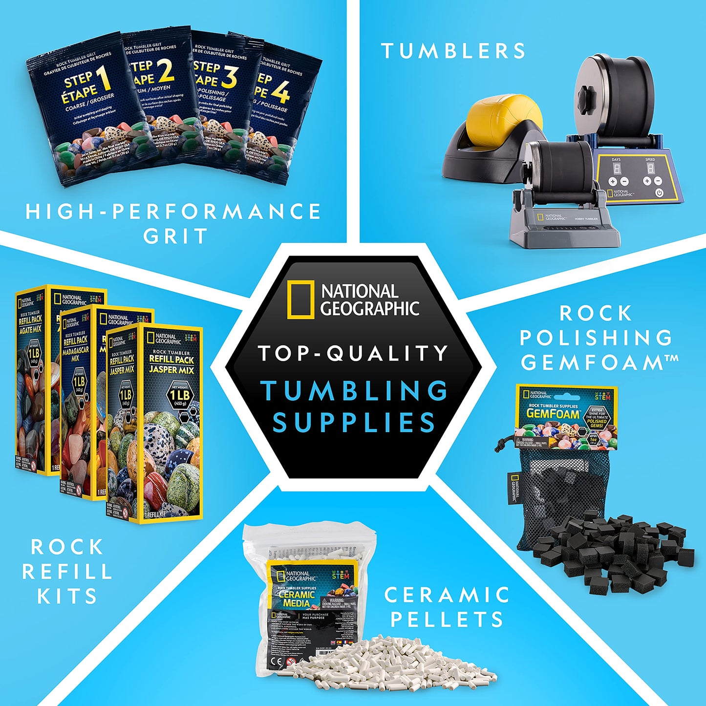 NATIONAL GEOGRAPHIC Rock Tumbler Refill Kit - 1 Lb. Gemstone Mix of 9 Varieties including Tiger's Eye, Amethyst and Quartz - Comes with 4 grades of Polishing Grit, Jewelry Fastenings, Learning Guide