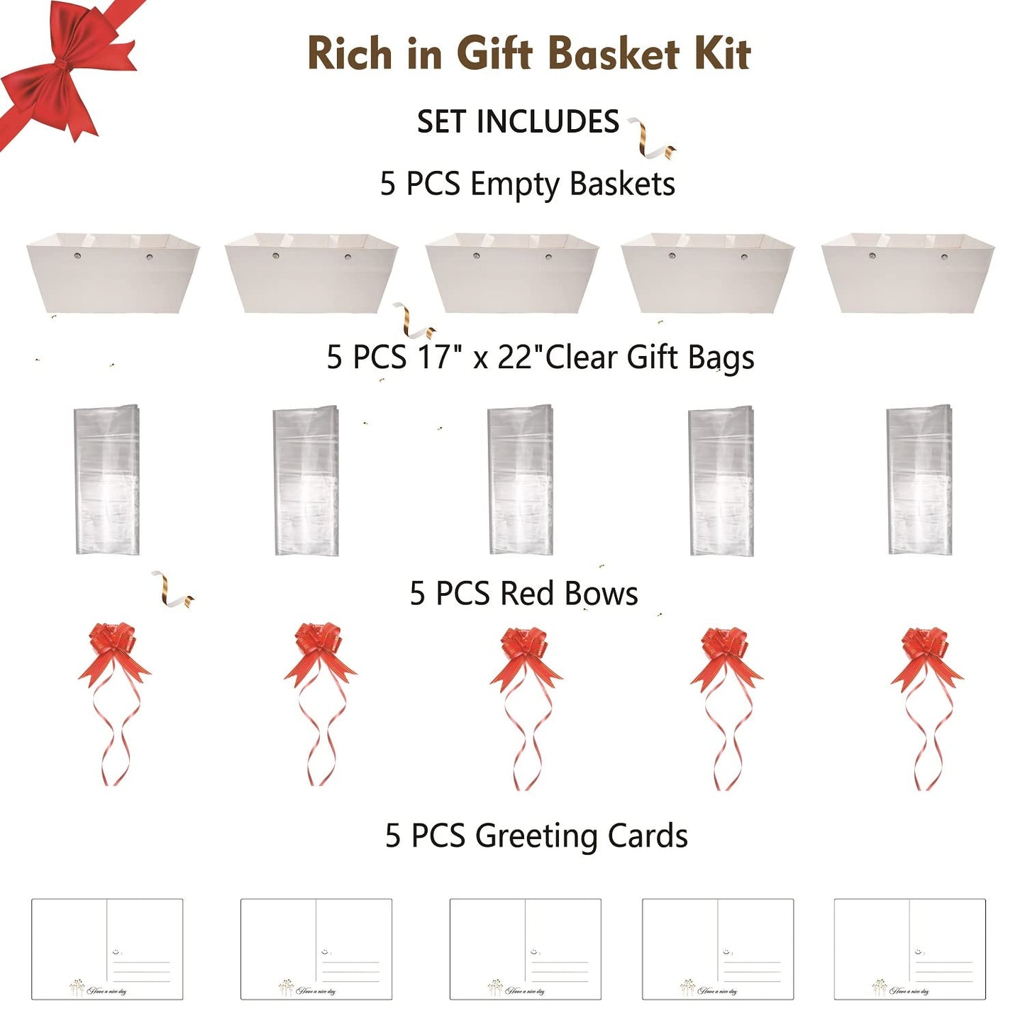 Baskets For Gifts Empty, 5 PCS White Gift Bags With Handles DIY Kit, Gift Basket Empty To Fill Bulk For Party Favors Wedding Birthday Christmas Halloween Holiday Thank You Get Well Soon