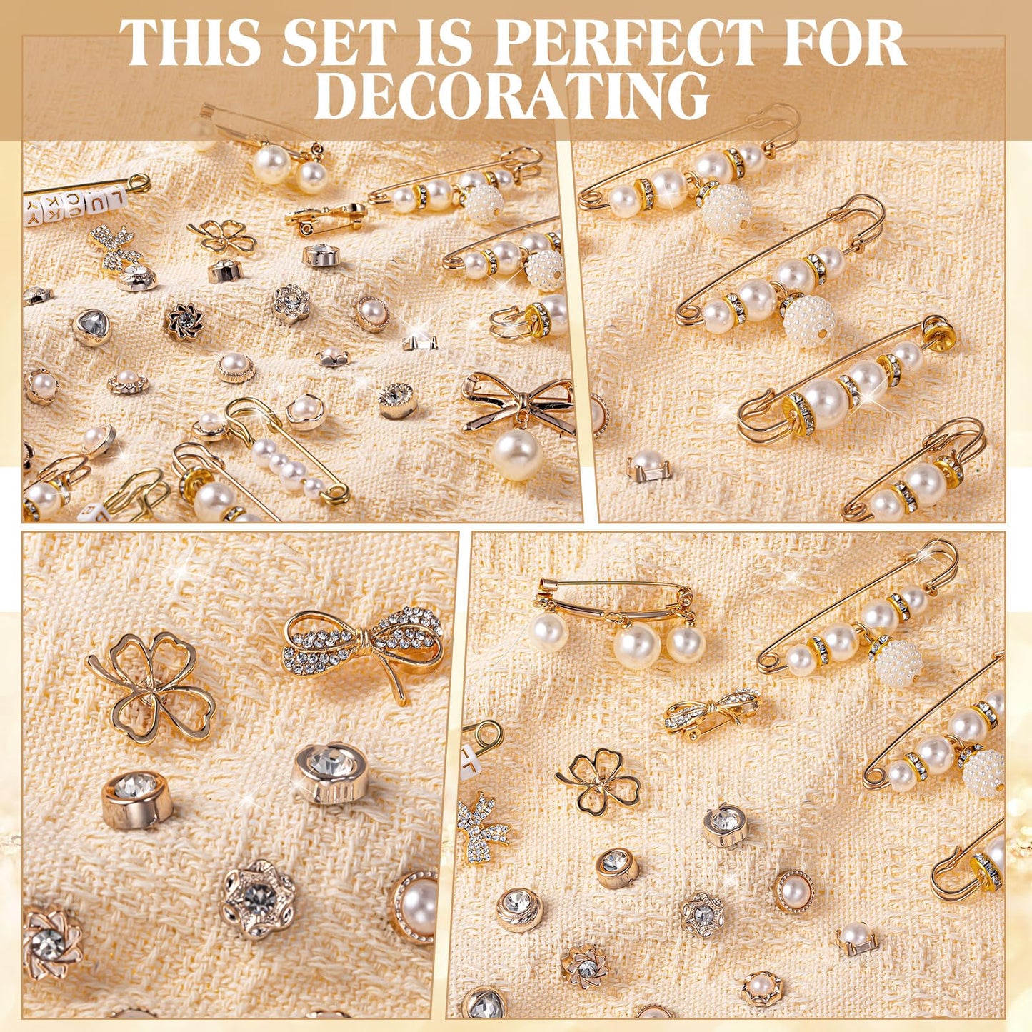 Janinka 348 Pcs DIY Junk Socks Charms Kit with Letter Beads, Gold Charm Safety Pin Brooch Pearl Rhinestone Jewelry Bulk Decorating Accessories for Women Socks Shoes Hat Clothes (Elegant Style)