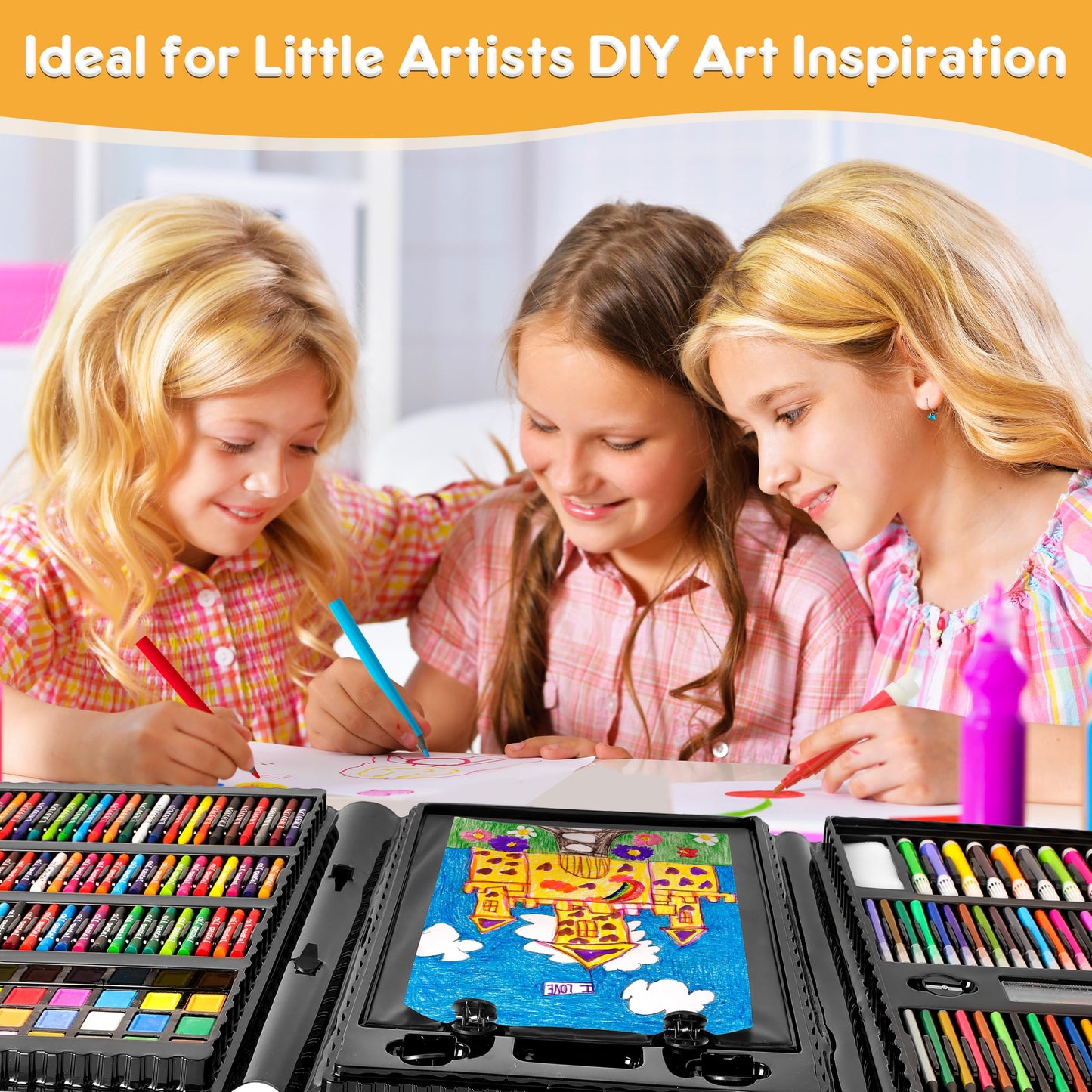Art Supplies 332 Piece Drawing Art Kit Gifts for Girls Boys Kids Teens Gifts Art Set Case with Double Sided Trifold Easel, Stickers, Sketch Paper, Coloring Book, Pastels, Crayons, Pencils (Black)