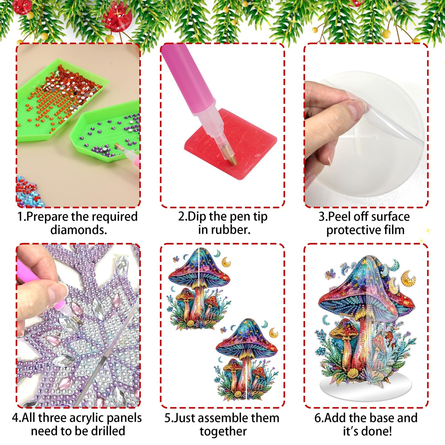 Ginfonr Tabletop Diamond Art Painting Kit, Double Sided Special Shaped Rhinestone Desk Placement Ornament, Mushroom Acrylic Easy-Assemble Home Stand Up 5D Gem Painting Craft Kit, Gift