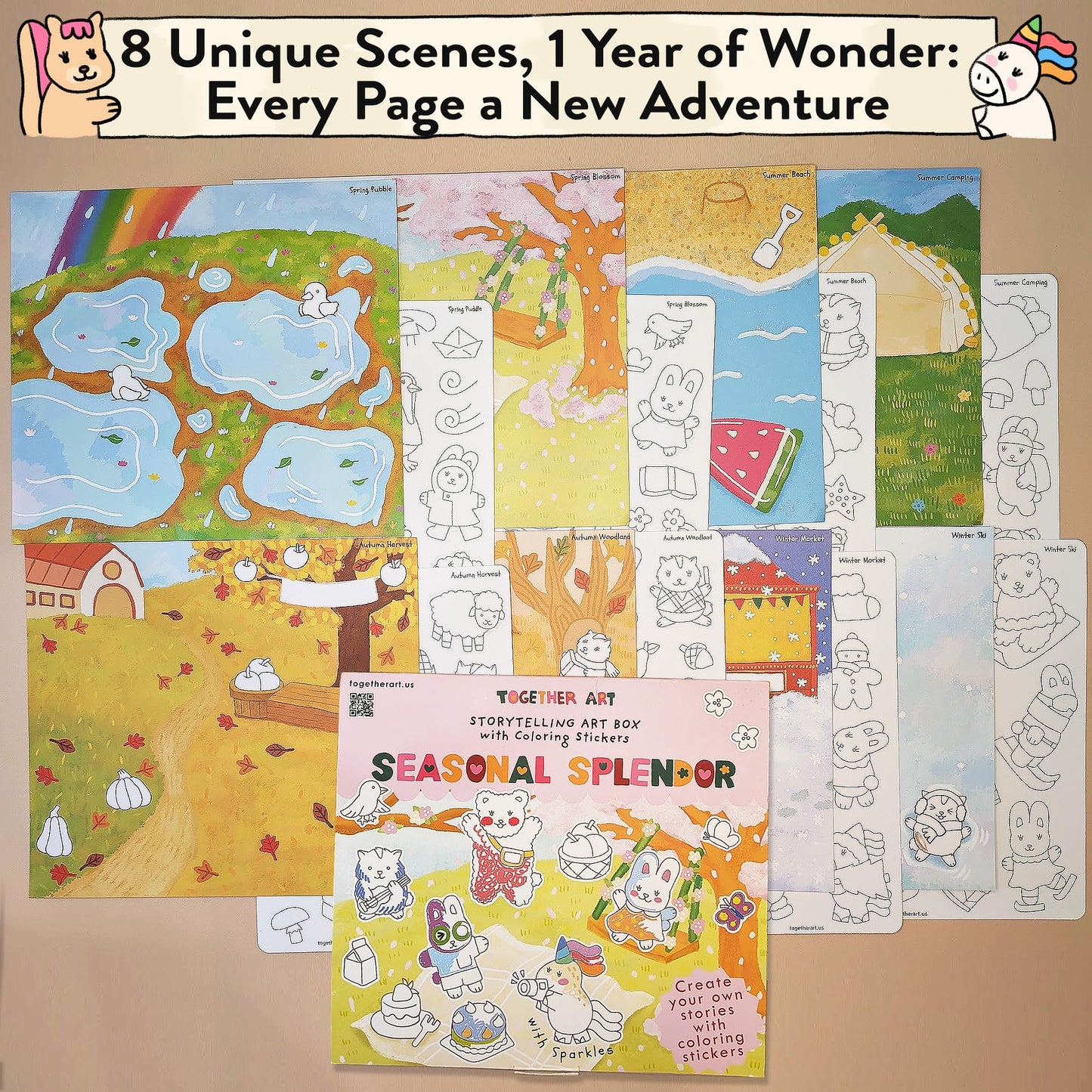 Together Art Seasonal Splendor: Color Your Own Stickers Storytelling Kit - 4 Seasons in 1 DIY Craft for Kids Ages 3+ (Camping, Beach, Christmas) - Road Trip Travel Activities & Homeschool Art Supplies