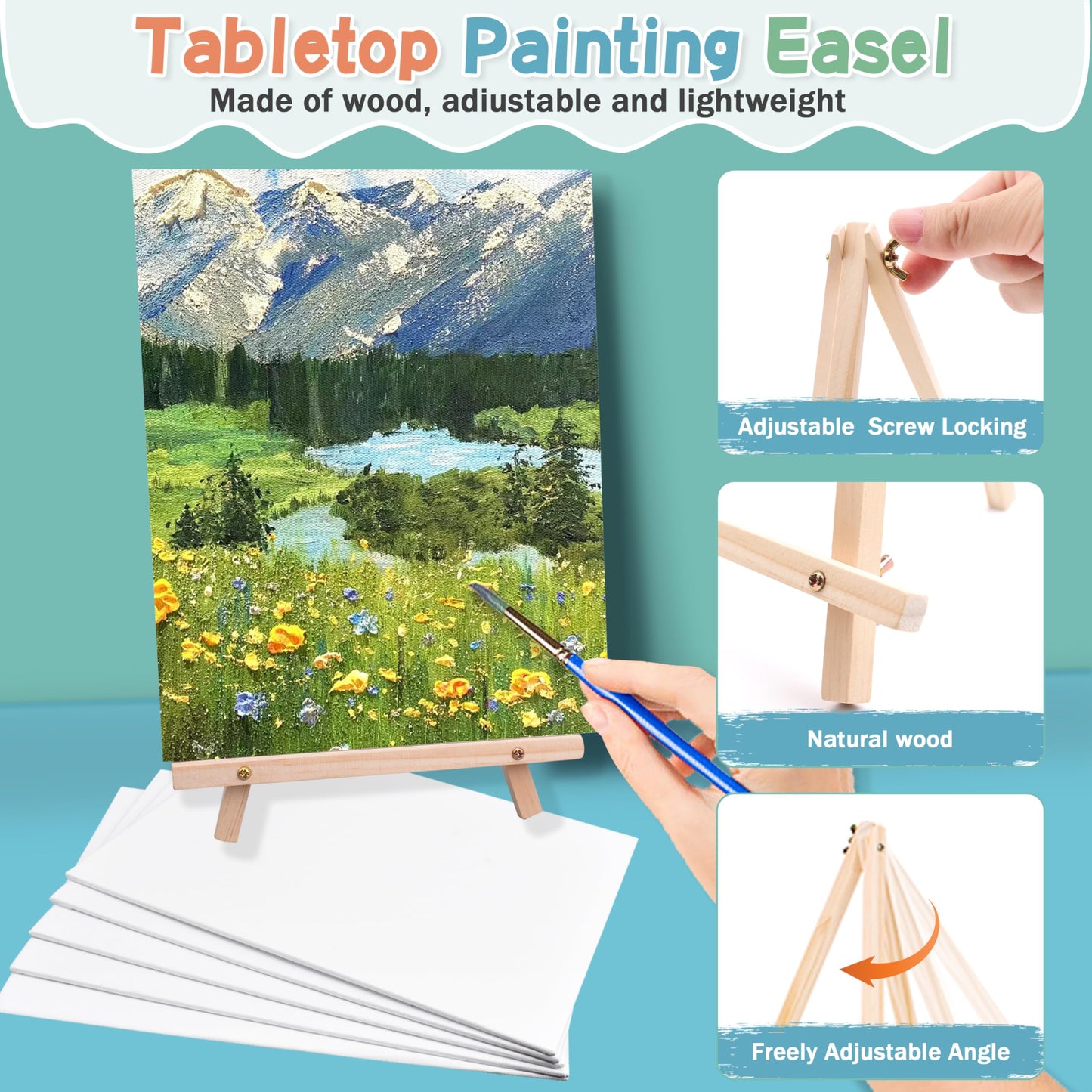 Canvas Boards with Easel for Painting 5 Pack 8 x 10 Inch Small Canvases Panels with Pine Wood Display Easels, Acrylic Oil Watercolor Painting Kit for Adults, Sip and Paint Art Party Supplies