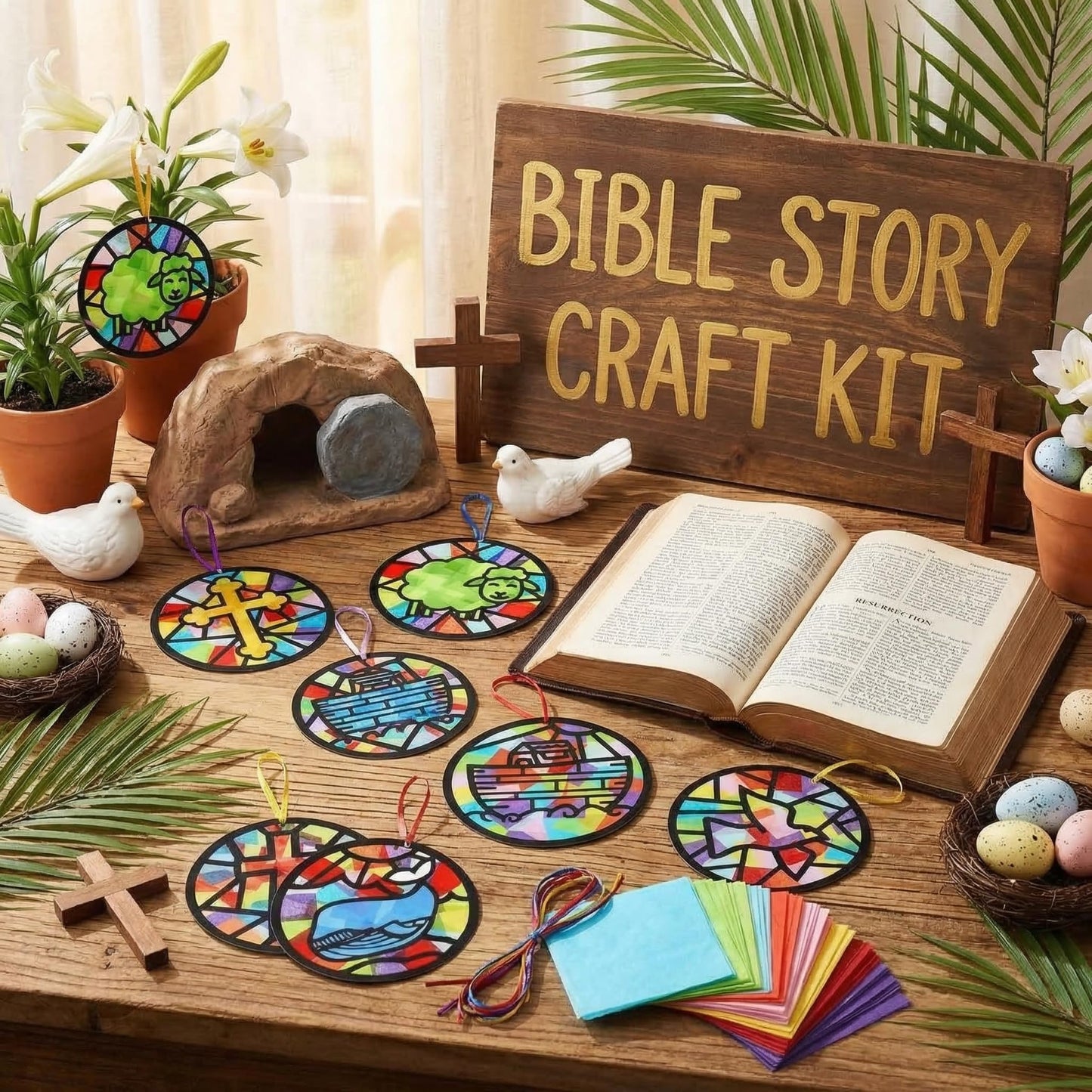 Eersida 32 Pcs Christian Suncatcher Craft Kit,Religious Stained Glass Tissue Paper VBS Sunday School Bible Crafts Bible Story Christian Window Decor for Classroom Church Group School Faith Decor