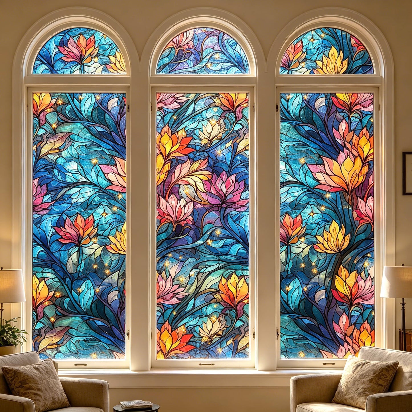 LaCheery 17.5"x157.5" Privacy Window Film Stained Glass Decorative Window Film for Glass Blue Floral Cling Privacy Films Renter Friendly Removable Windows Stickers for Bathroom No Glue Vinyl Anti UV