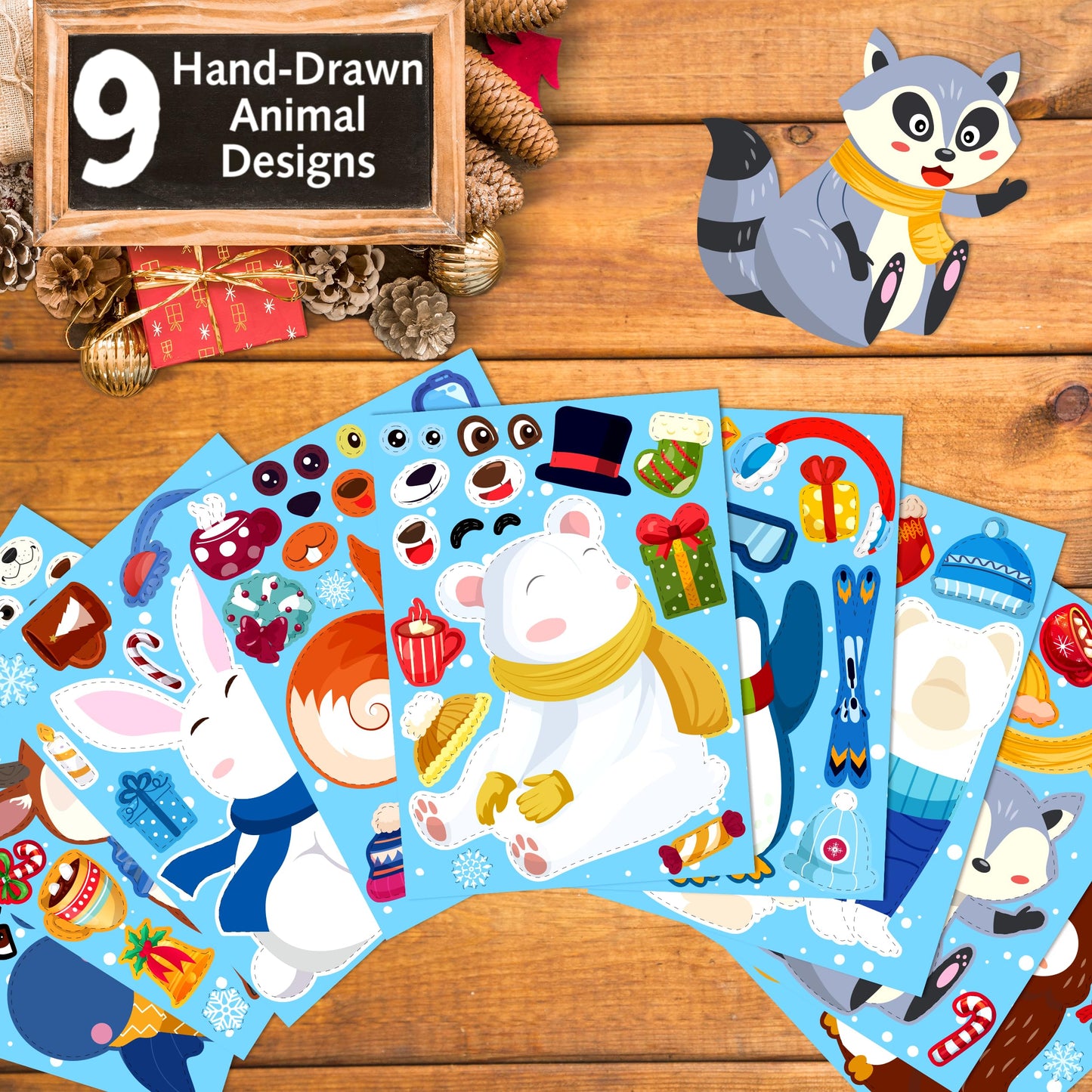 LINAYE 63 Sheets Winter Stickers for Kids Toddlers, Make A Face Winter Animals Crafts Stickers Party Favors Game Activities for Kids Classroom, 9 Designs, Christmas Goodie Treat Bag Stocking Stuffers
