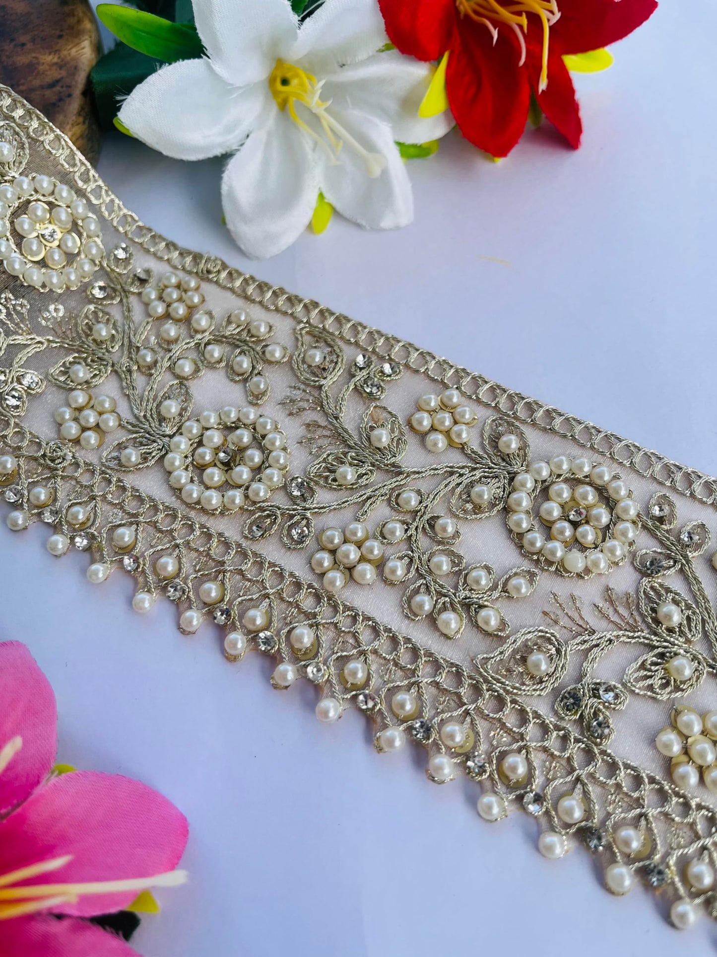 Luxury Pearl Embellished Lace Trim, 3 Inch Wide, Beaded Floral Pattern, Champagne Gold with Faux Pearls, Wedding Dress Decoration, Available in 1, 3 and 6 Yard (1)